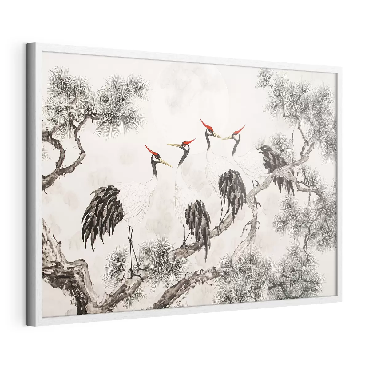 Plakat Chińska sztuka z żurawiami i sosnami, styl orientalny, natura f44503