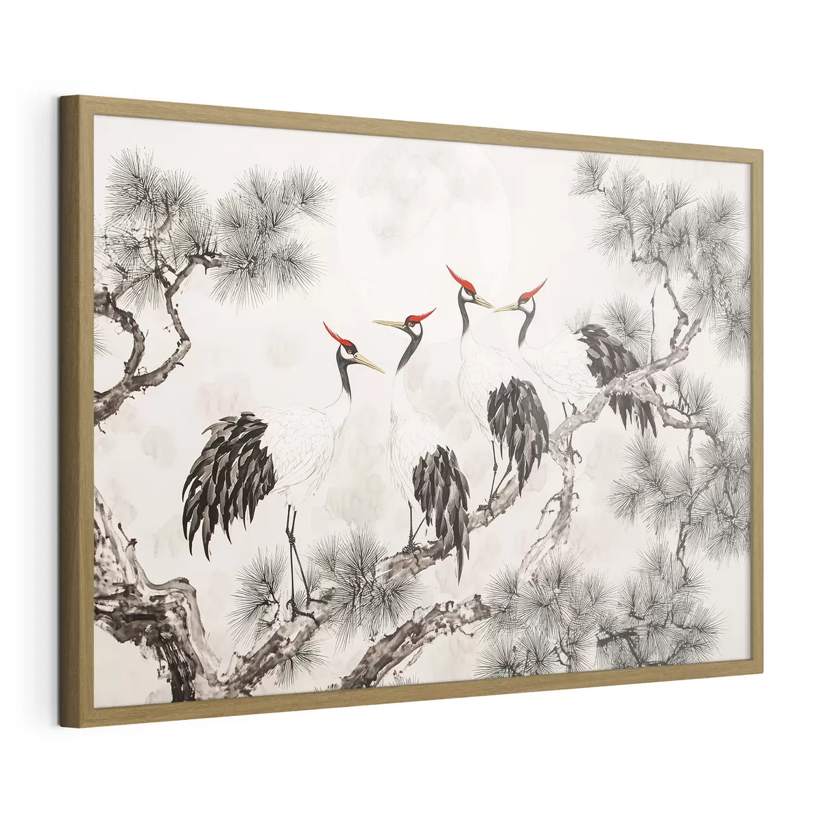 Plakat Chińska sztuka z żurawiami i sosnami, styl orientalny, natura f44503