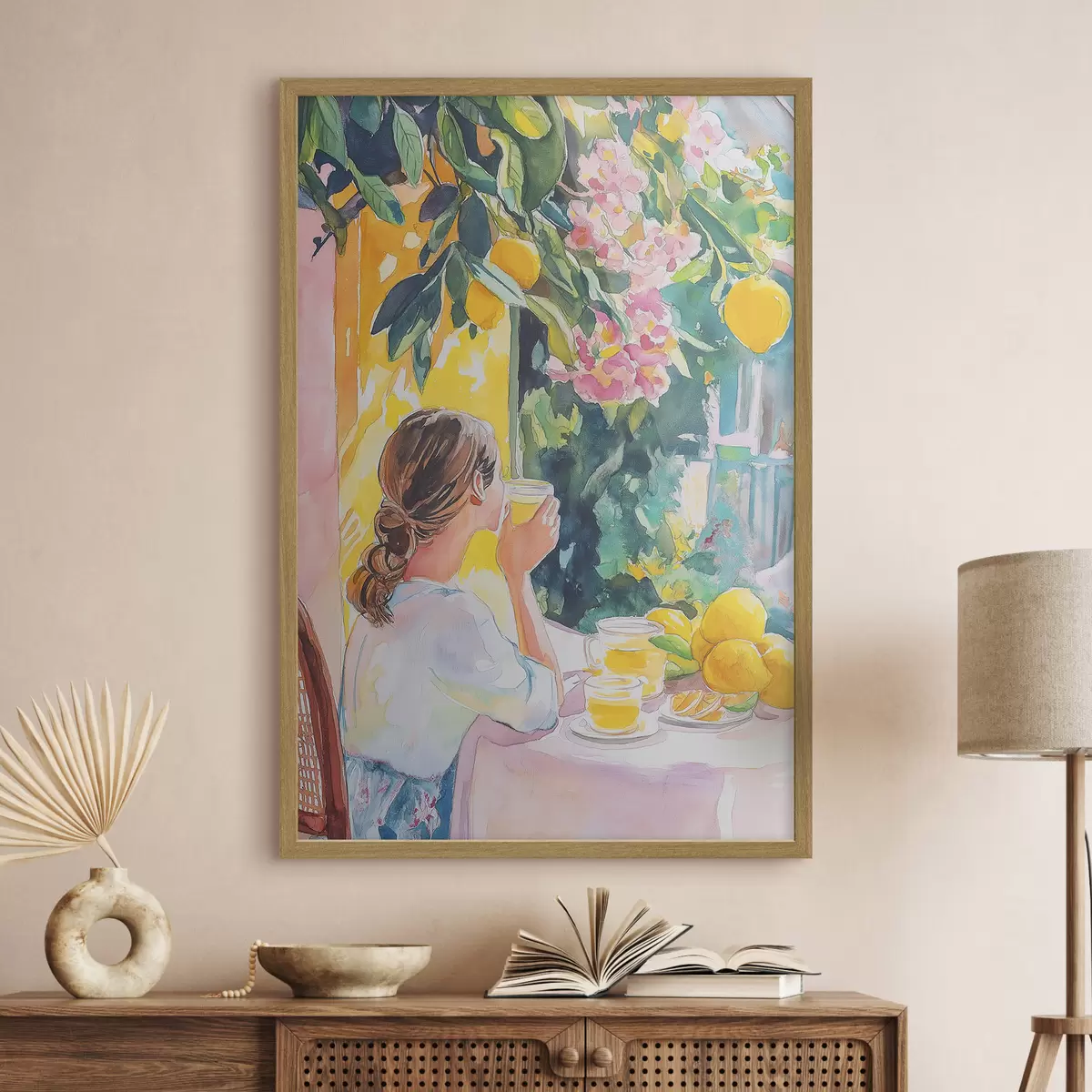 Plakat Letnie wibracje, dziewczyna w kawiarni, limoncello, Włochy, styl akwareli f44505
