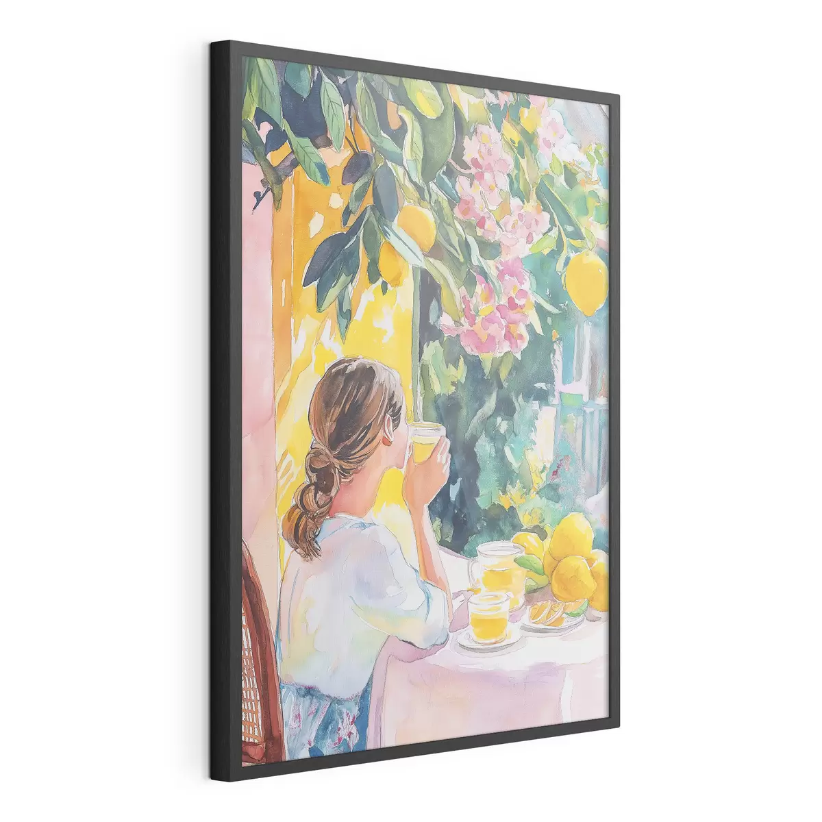 Plakat Letnie wibracje, dziewczyna w kawiarni, limoncello, Włochy, styl akwareli f44505