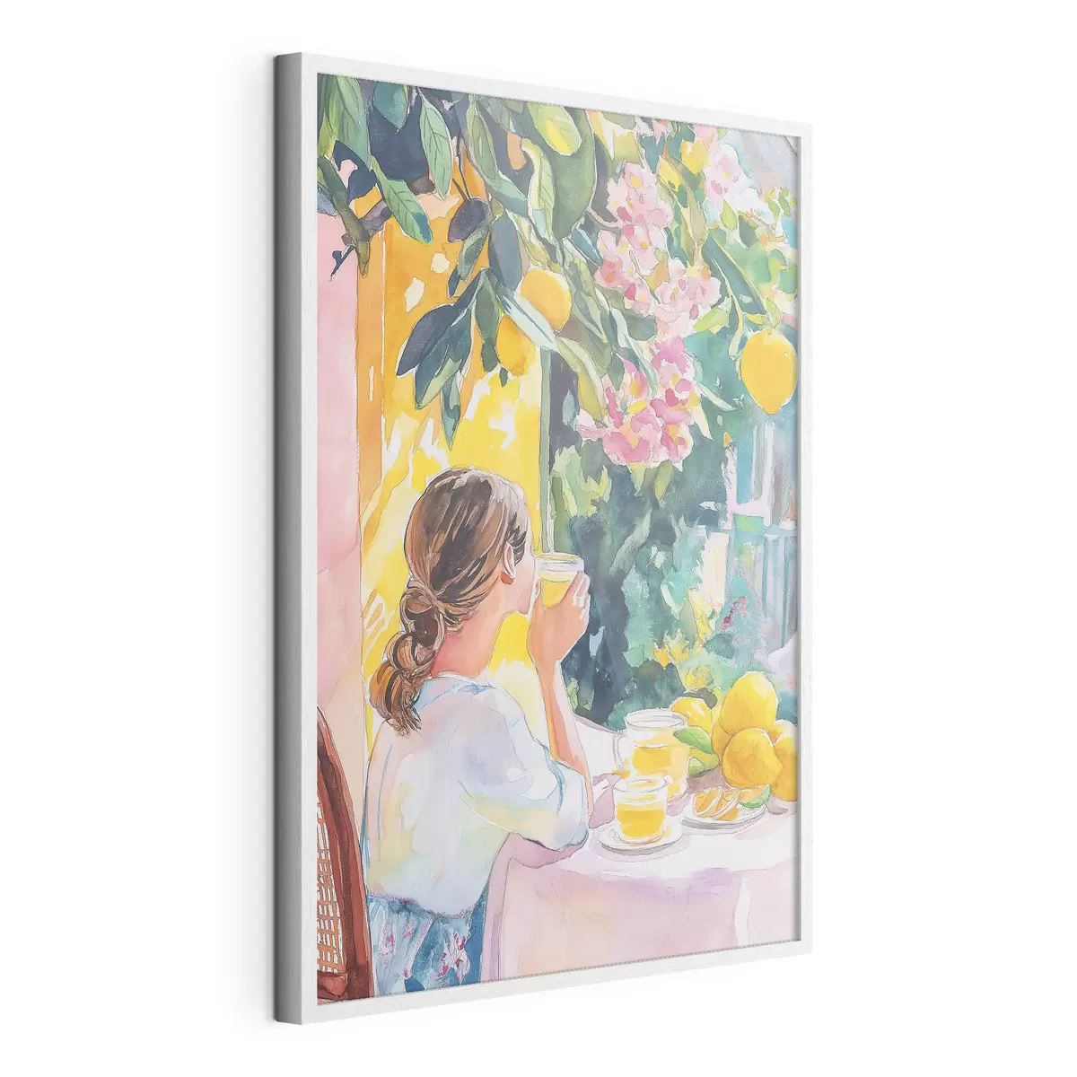 Plakat Letnie wibracje, dziewczyna w kawiarni, limoncello, Włochy, styl akwareli f44505