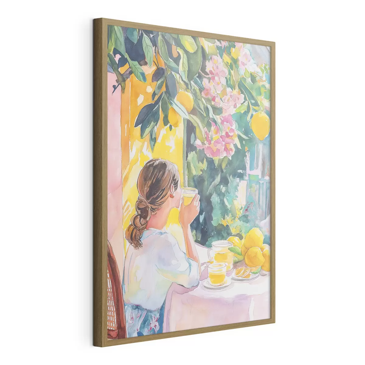 Plakat Letnie wibracje, dziewczyna w kawiarni, limoncello, Włochy, styl akwareli f44505