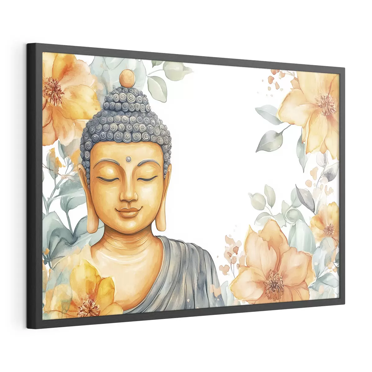 Plakat Budda otoczony pomarańczowymi kwiatami, styl akwareli f44508
