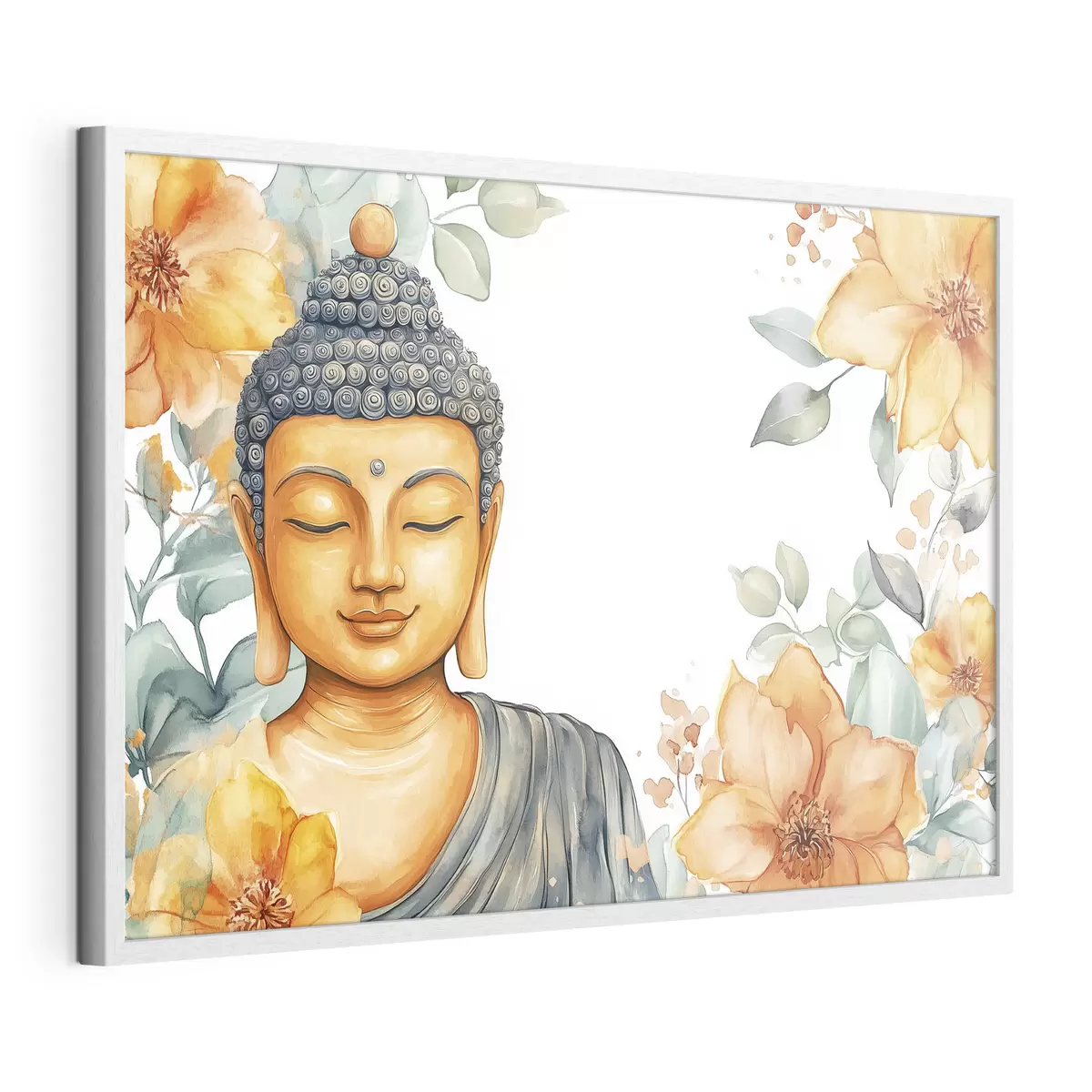 Plakat Budda otoczony pomarańczowymi kwiatami, styl akwareli f44508