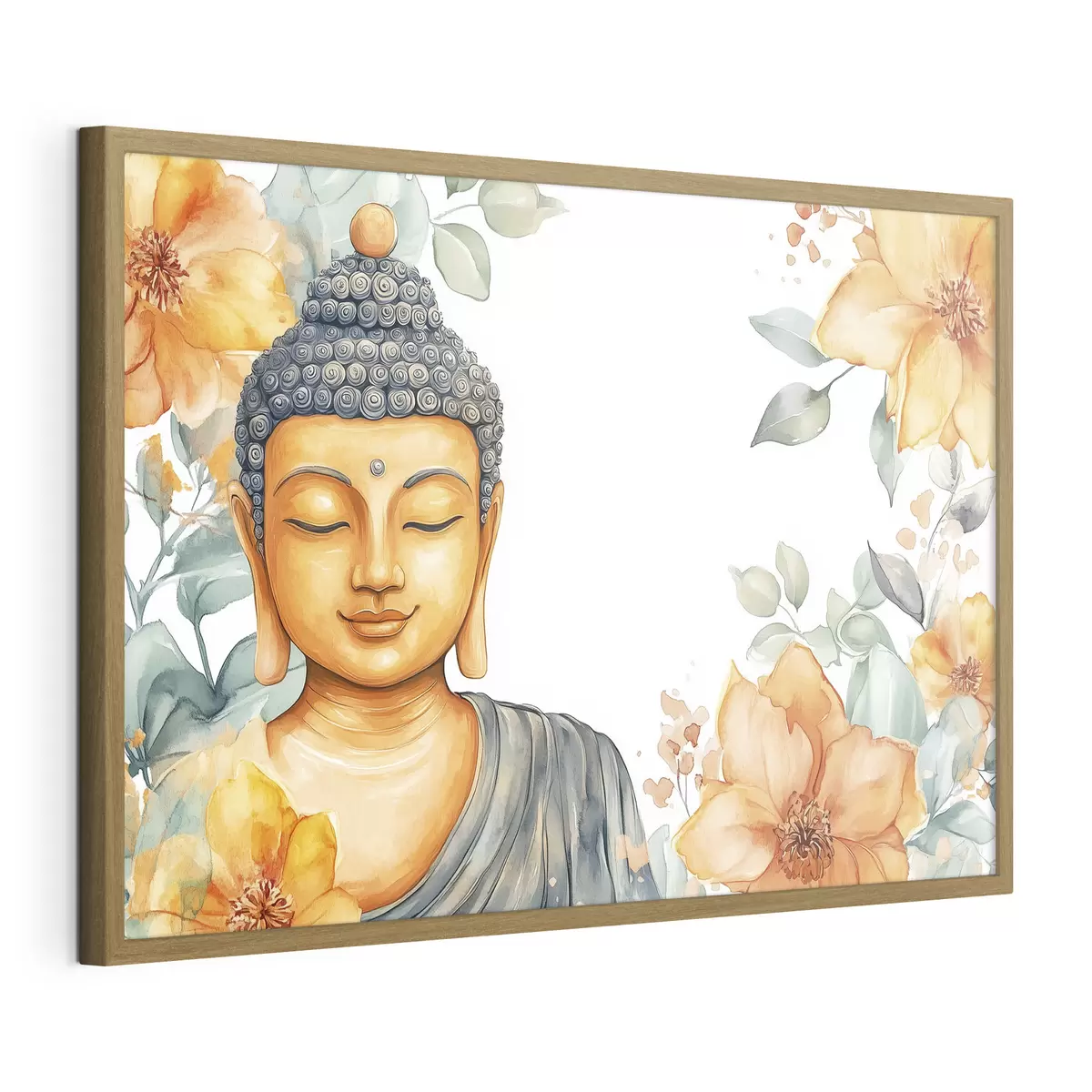 Plakat Budda otoczony pomarańczowymi kwiatami, styl akwareli f44508