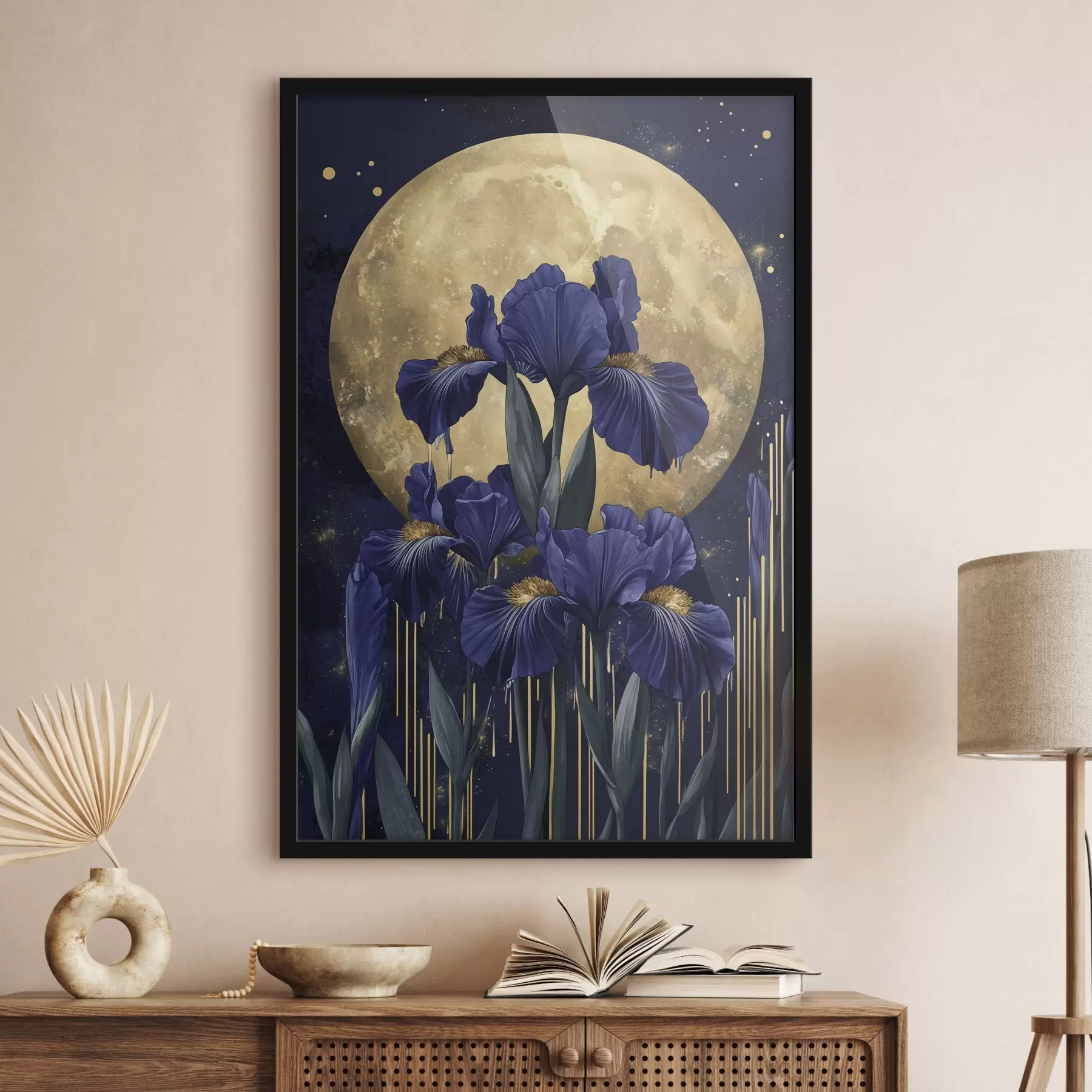 Fototapeta Kwiaty irysa, świecący księżyc, nocne niebo, niebieskie kolory f44510