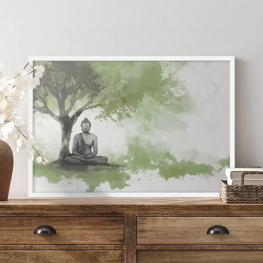 Fototapeta Budda siedzący pod drzewem, medytacja, duchowość, zielone kolory f44512v1