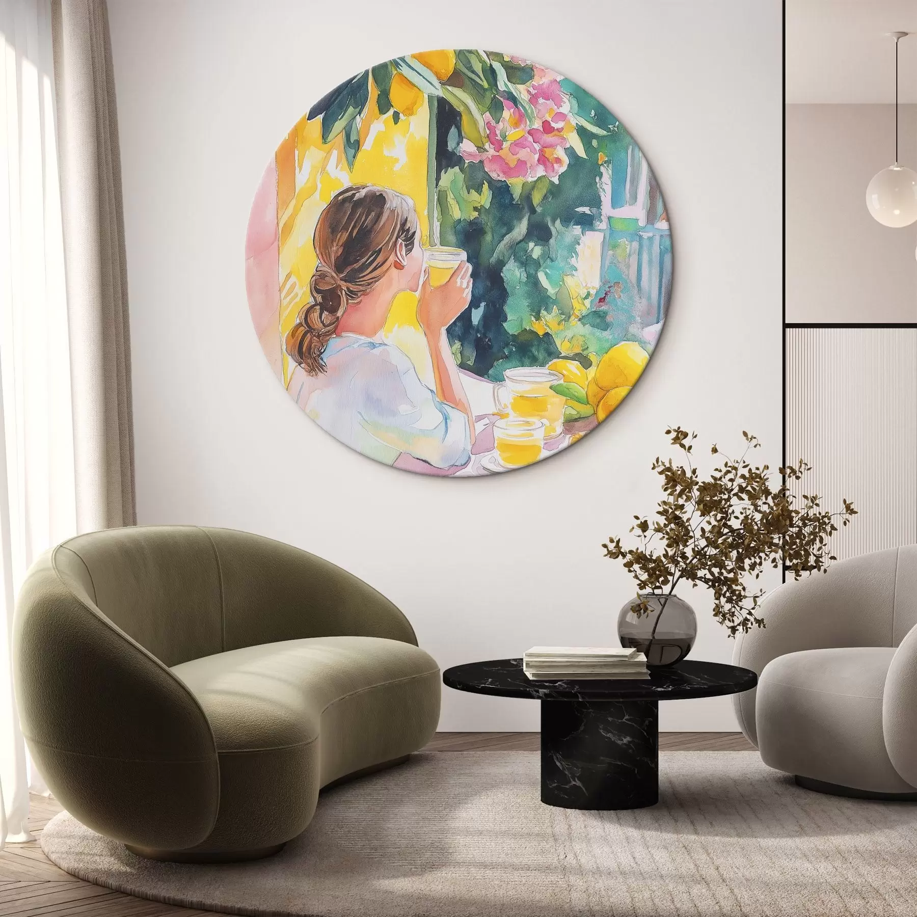 Obraz Letnie wibracje, dziewczyna w kawiarni, limoncello, Włochy, styl akwareli r44505
