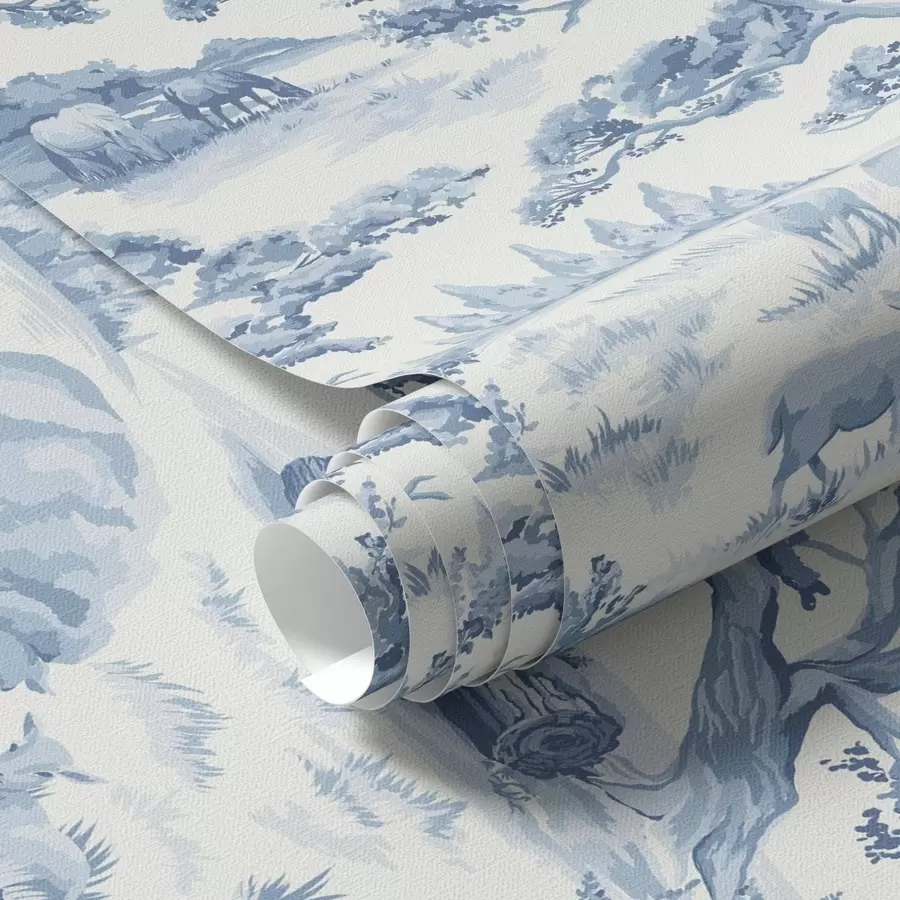 Fototapeta Wiejski krajobraz w niebieskich odcieniach z owcami i drzewami a00178