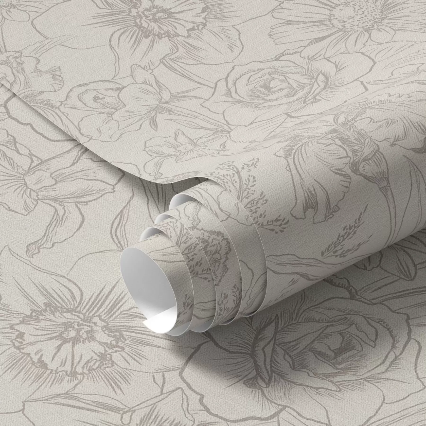 Fototapeta Konturowe kwiaty na kremowym tle, delikatny kwiatowy wzór a00218