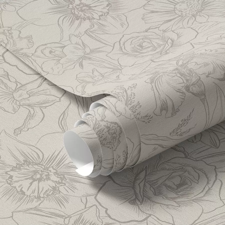 Fototapeta Konturowe kwiaty na kremowym tle, delikatny kwiatowy wzór a00218