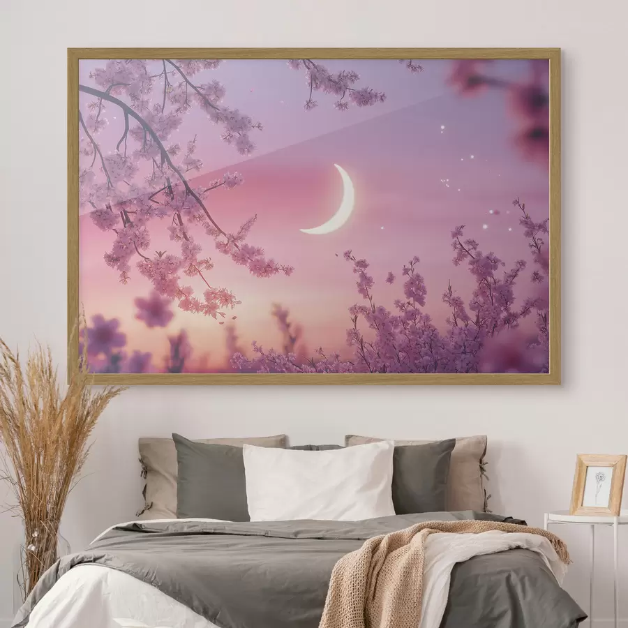 Fototapeta Kwiat wiśni, różowe niebo ze świecącym księżycem, realizm f44715