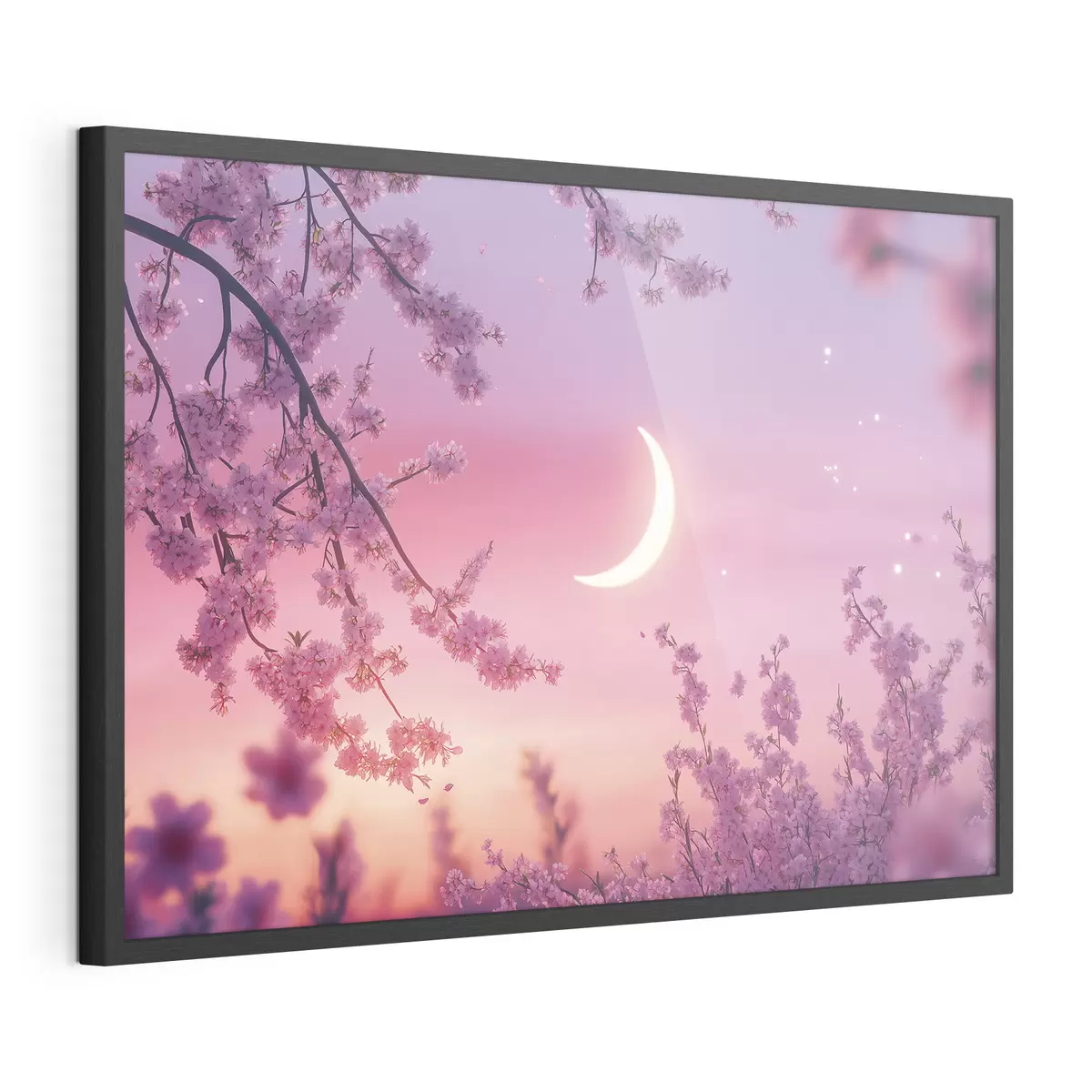 Plakat Kwiat wiśni, różowe niebo ze świecącym księżycem, realizm f44715