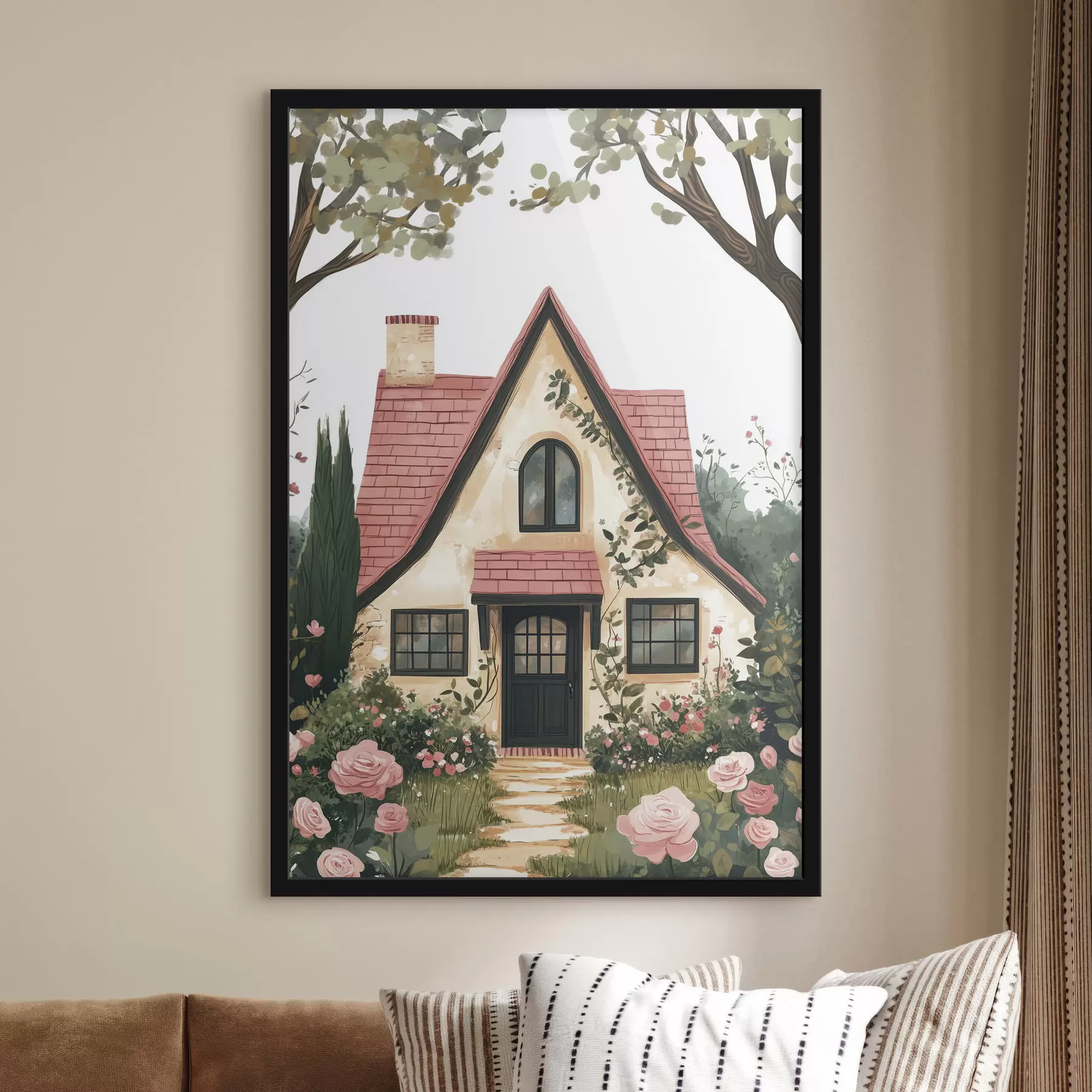 Fototapeta Bajkowy dom w lesie, róże, pastelowy styl f44718