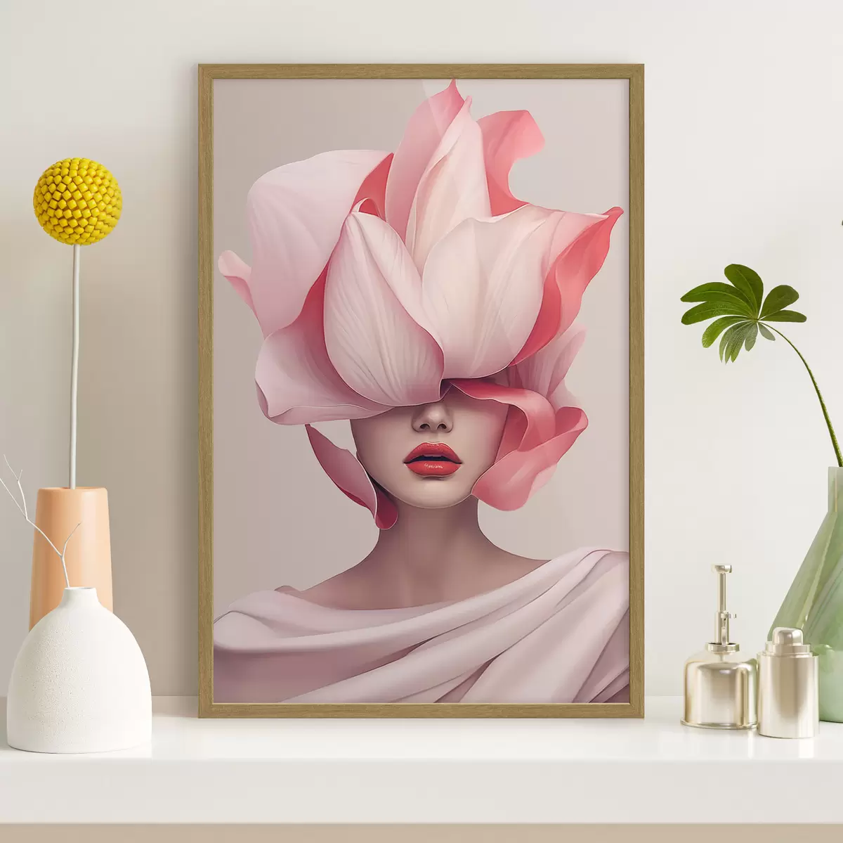 Plakat Portret kobiety z dużymi płatkami f44812