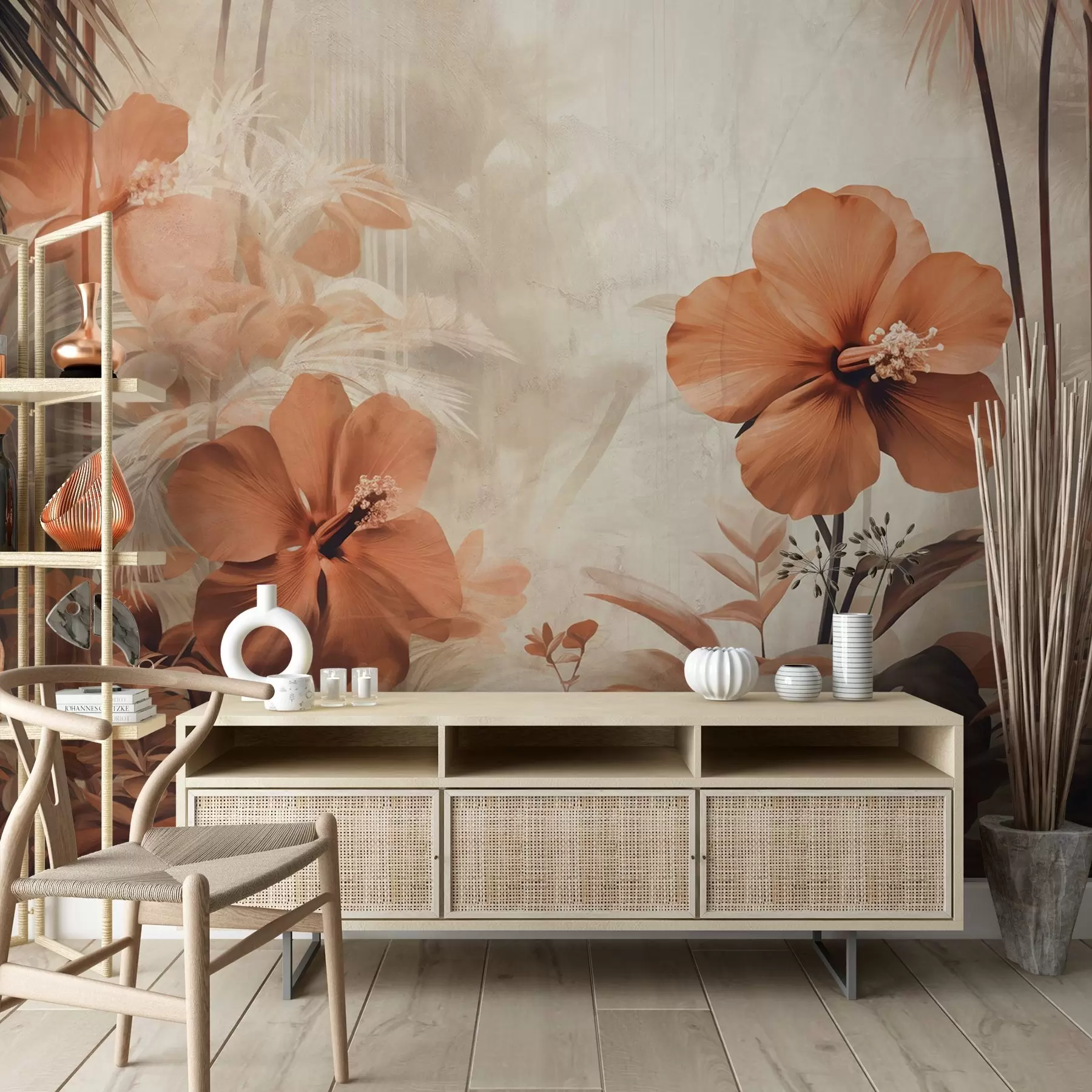Fototapeta Pastelowe czerwone kwiaty hibiskusa z liśćmi i łodygami, tropikalna roślinność, miękkie, stonowane kolory, styl vintage w09203