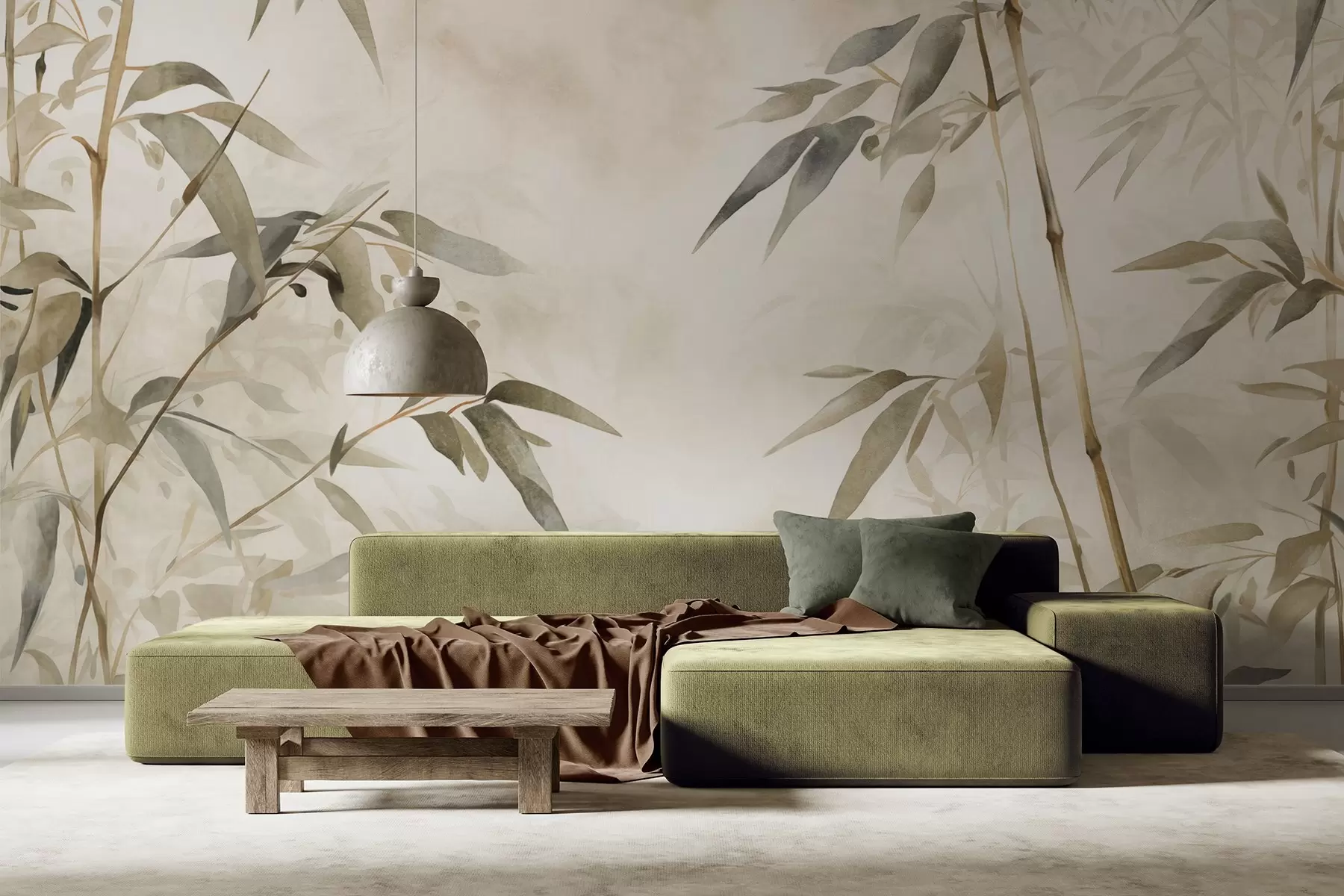 Fototapeta Bambusowe teksturowane gałęzie z liśćmi w stylu akwareli, miękka neutralna paleta kolorów, jasnobeżowe tło w09204