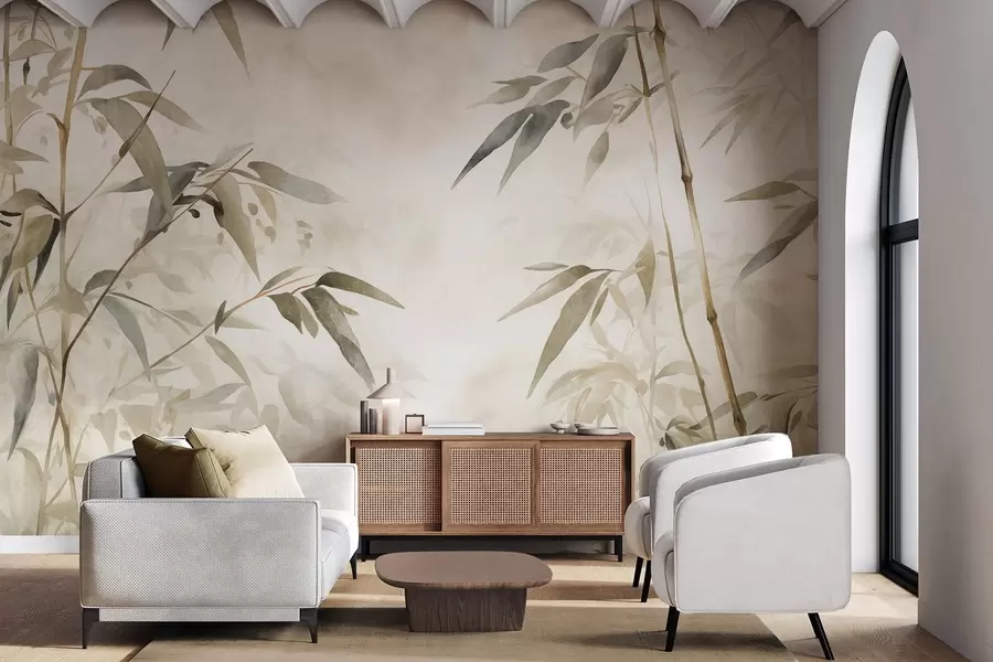 Fototapeta Bambusowe teksturowane gałęzie z liśćmi w stylu akwareli, miękka neutralna paleta kolorów, jasnobeżowe tło w09204