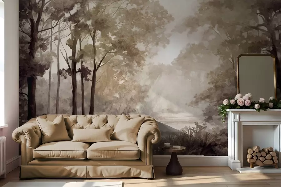 Fototapeta Teksturowany krajobraz leśny, drzewa z beżowymi i brązowymi liśćmi, pastelowa paleta kolorów w09210