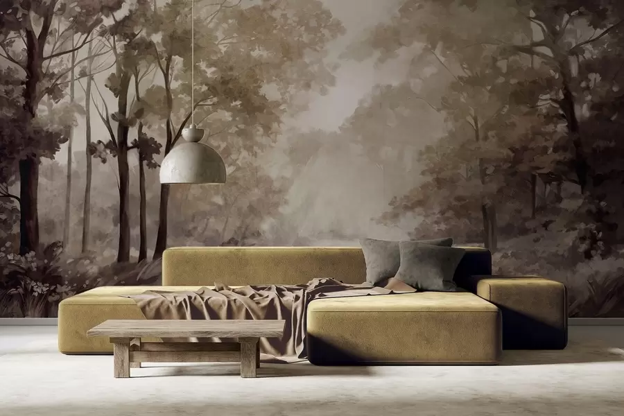 Fototapeta Teksturowany krajobraz leśny, drzewa z beżowymi i brązowymi liśćmi, pastelowa paleta kolorów w09210