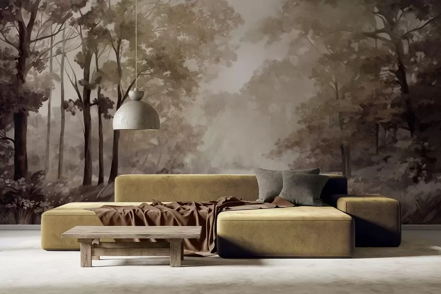 Fototapeta Teksturowany krajobraz leśny, drzewa z beżowymi i brązowymi liśćmi, pastelowa paleta kolorów w09210