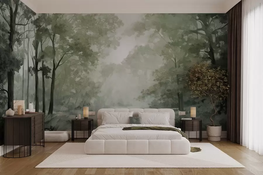 Fototapeta Teksturowany krajobraz leśny, drzewa z zielonymi liśćmi, pastelowa paleta kolorów w09210v2