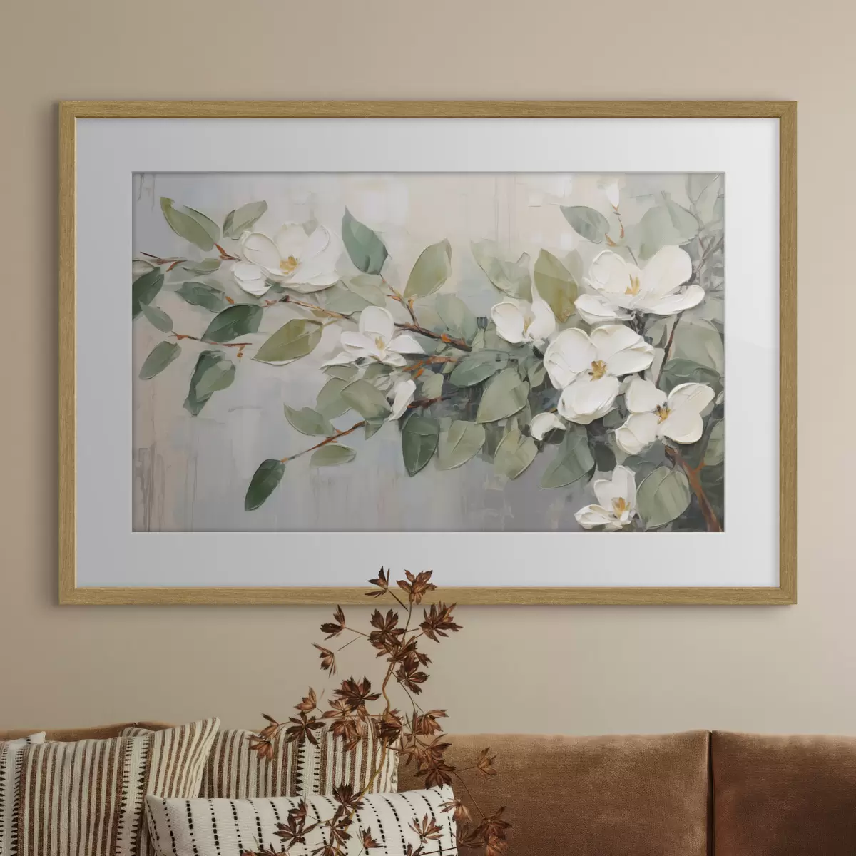 Plakat Kwiaty magnolii z zielonymi liśćmi na gałęzi, impastowy styl teksturowany, miękka paleta kolorów f44853