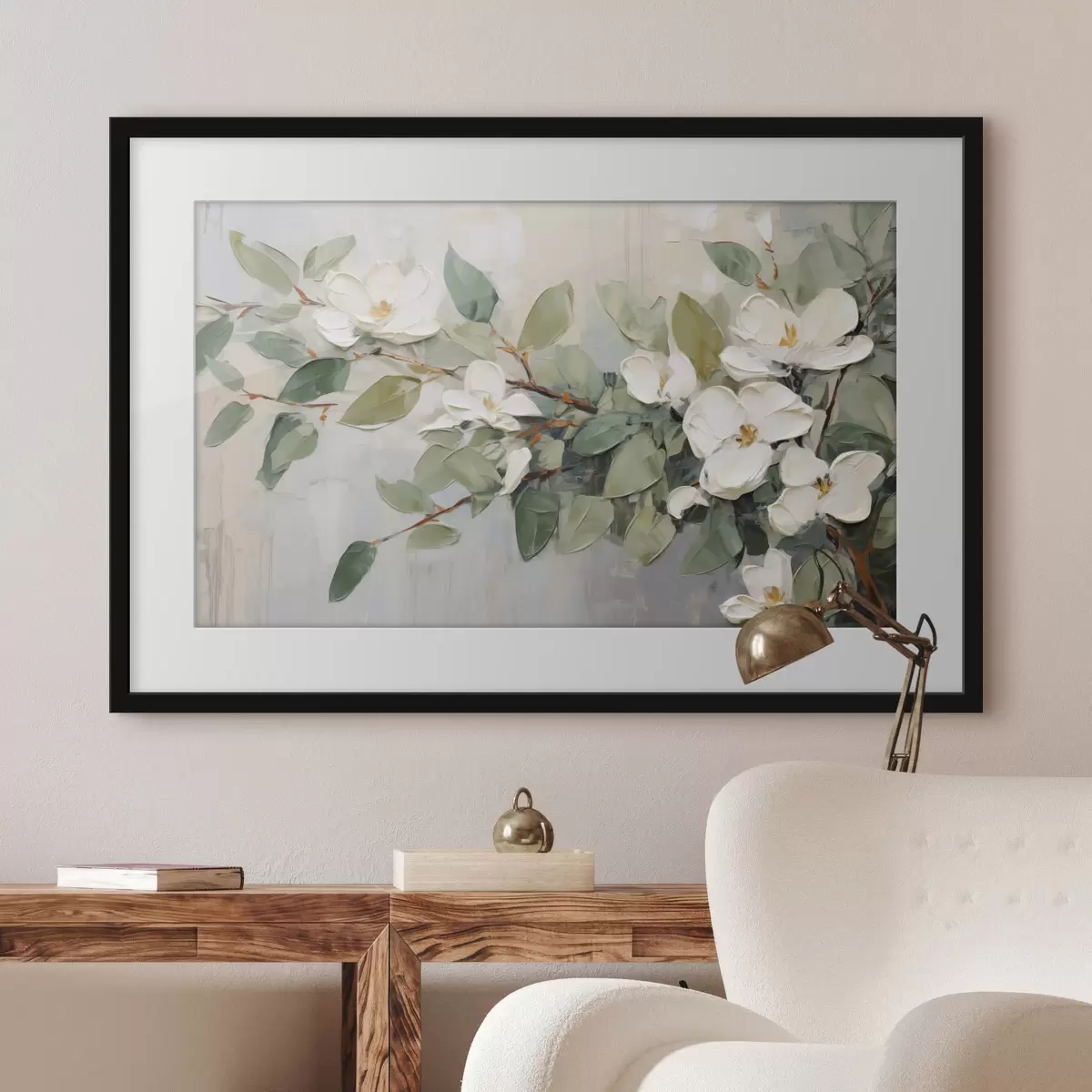 Plakat Kwiaty magnolii z zielonymi liśćmi na gałęzi, impastowy styl teksturowany, miękka paleta kolorów f44853