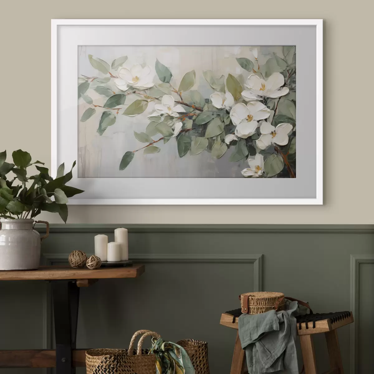 Plakat Kwiaty magnolii z zielonymi liśćmi na gałęzi, impastowy styl teksturowany, miękka paleta kolorów f44853