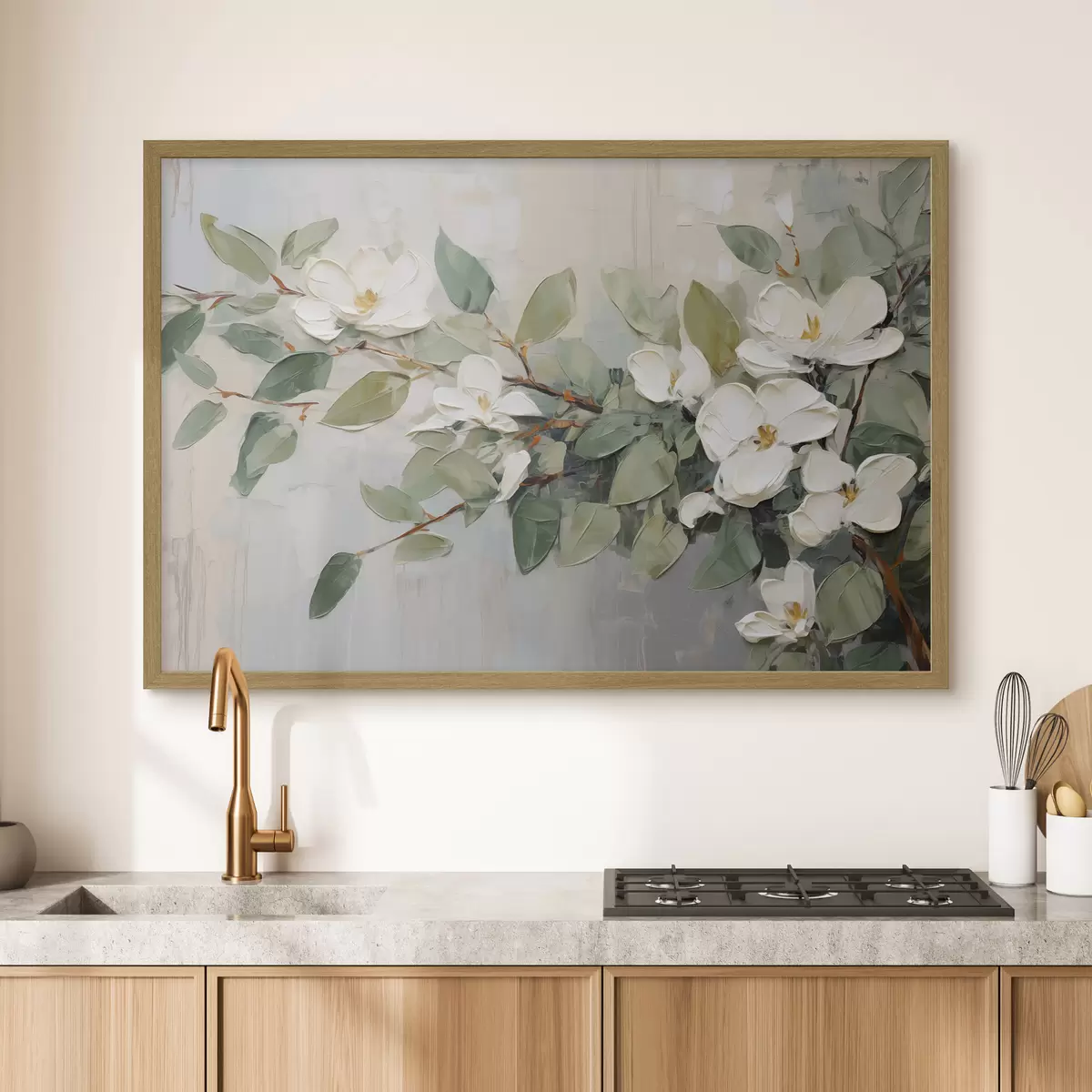 Plakat Kwiaty magnolii z zielonymi liśćmi na gałęzi, impastowy styl teksturowany, miękka paleta kolorów f44853