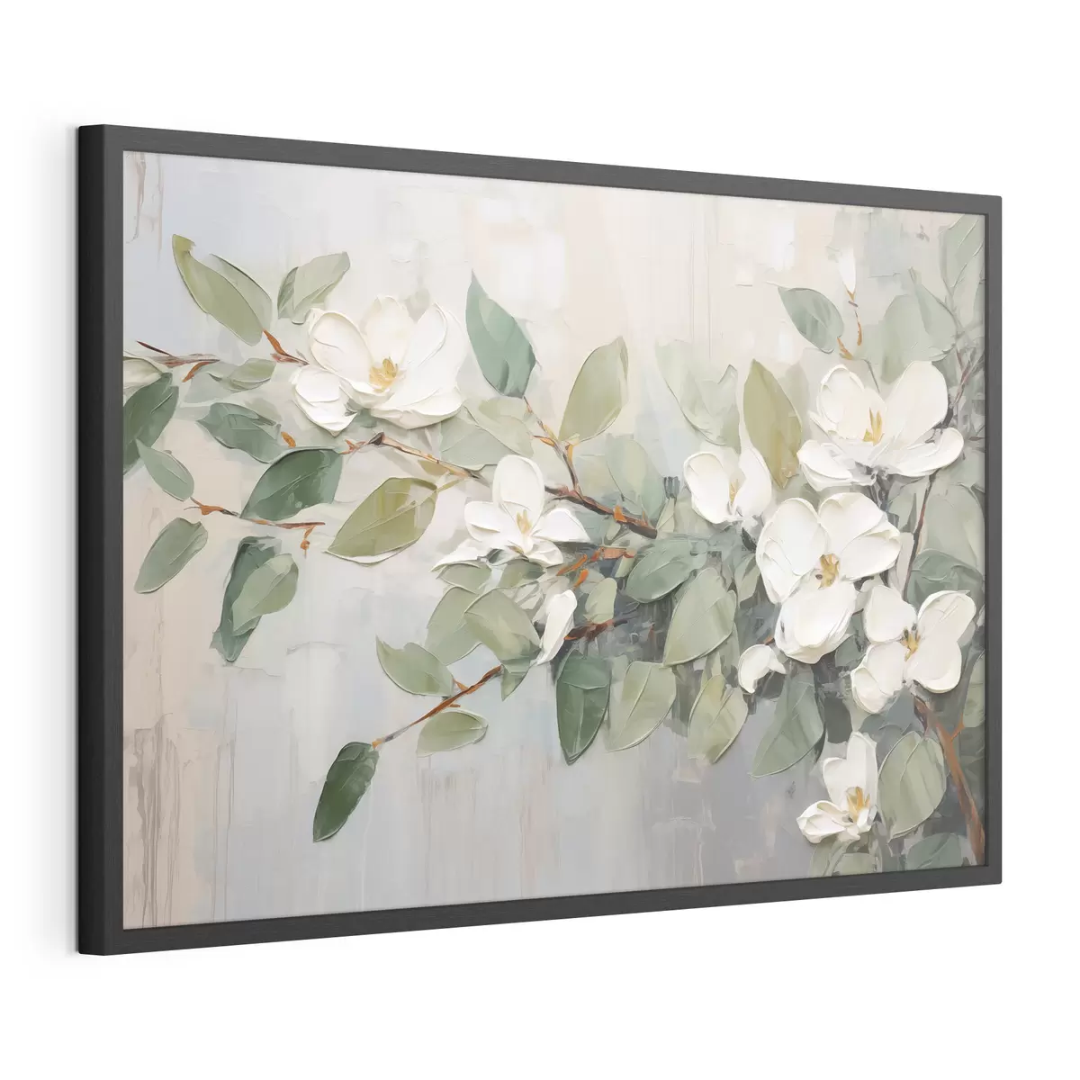 Plakat Kwiaty magnolii z zielonymi liśćmi na gałęzi, impastowy styl teksturowany, miękka paleta kolorów f44853