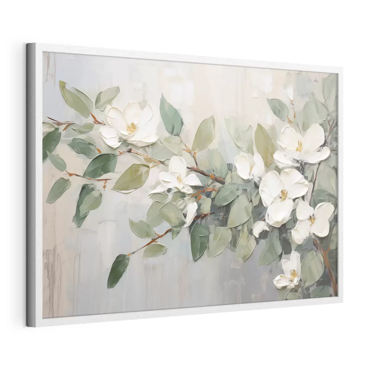 Plakat Kwiaty magnolii z zielonymi liśćmi na gałęzi, impastowy styl teksturowany, miękka paleta kolorów f44853