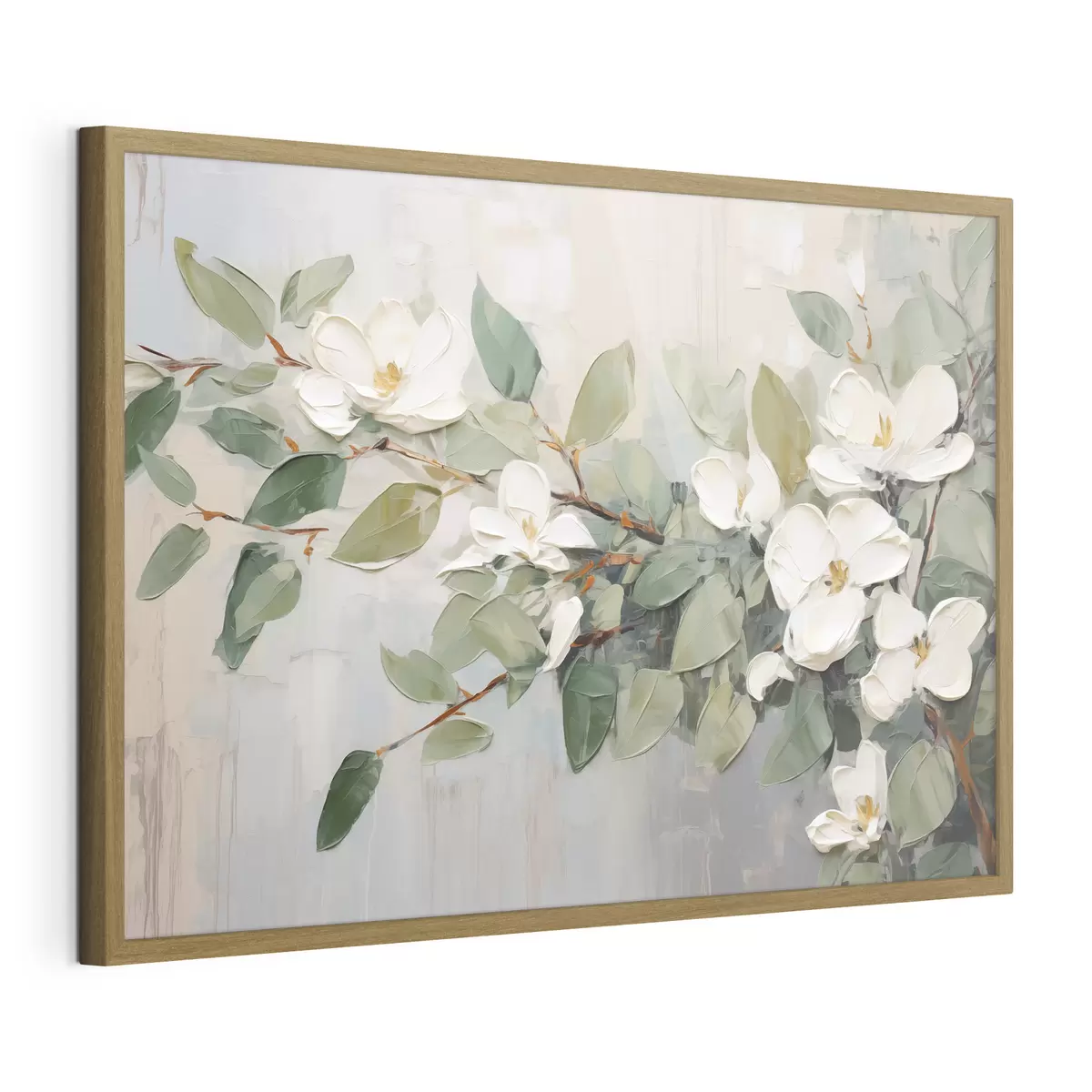 Plakat Kwiaty magnolii z zielonymi liśćmi na gałęzi, impastowy styl teksturowany, miękka paleta kolorów f44853