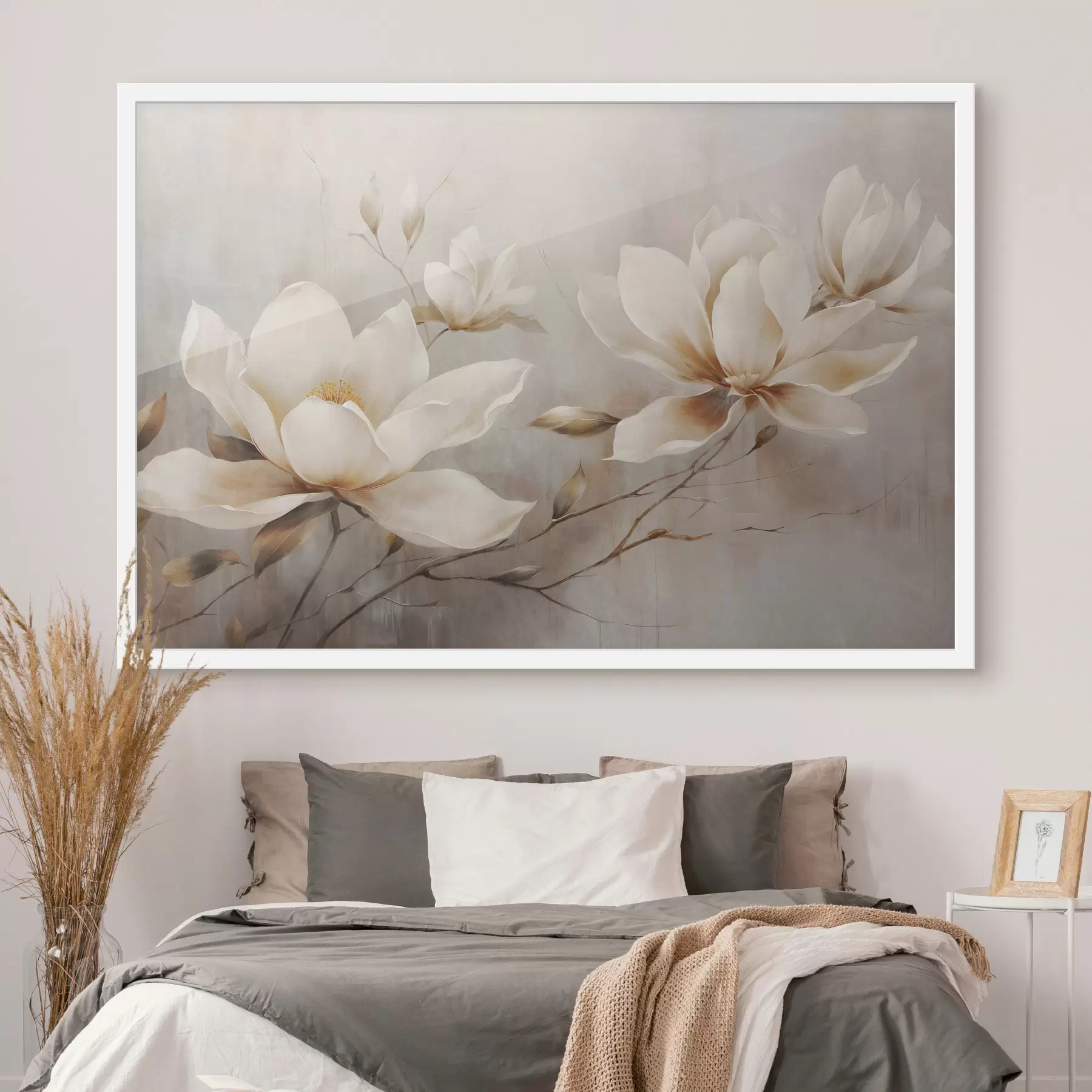 Fototapeta Teksturowane białe kwiaty magnolii w stylu vintage na gałęziach na jasnobrązowym tle f44869