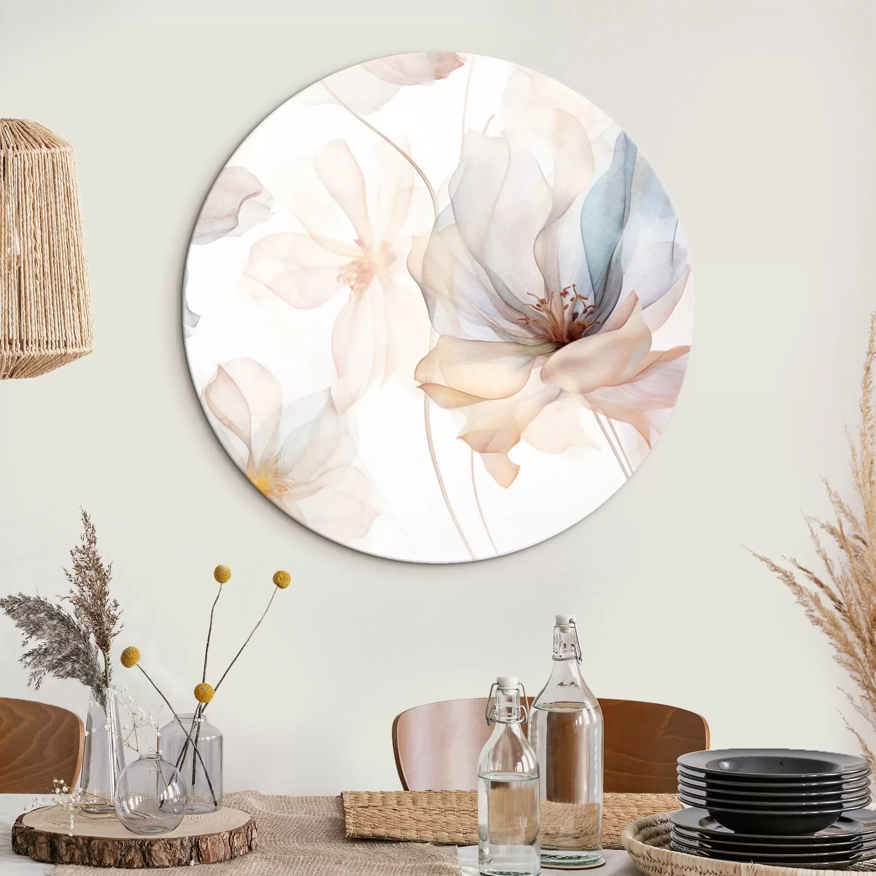 Obraz Półprzezroczyste teksturowane kwiaty w pastelowych kolorach, delikatne płatki, delikatne linie na białym tle r44855