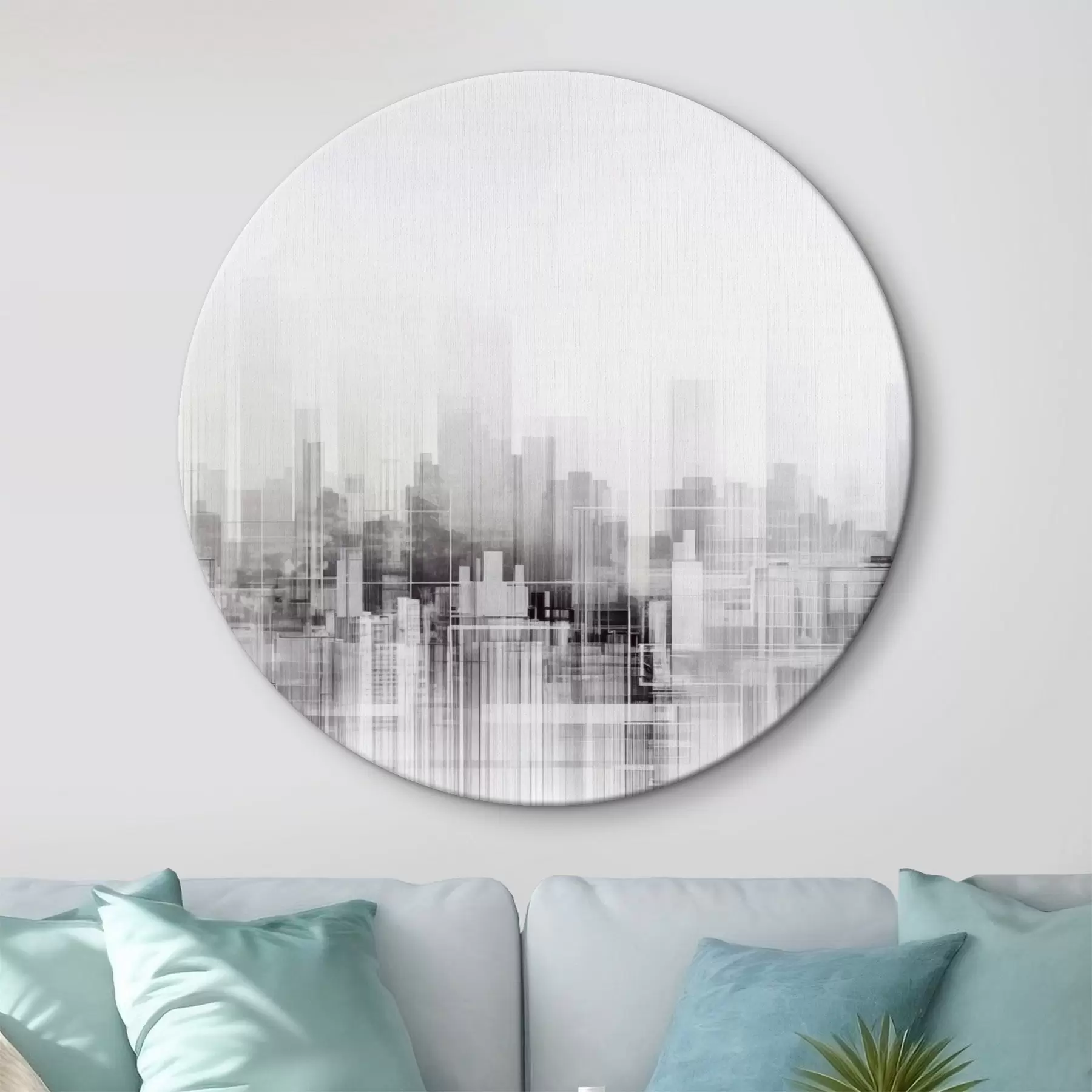 Obraz Teksturowany minimalistyczny pejzaż miejski z wysokimi budynkami i drapaczami chmur na tle białego nieba r44863