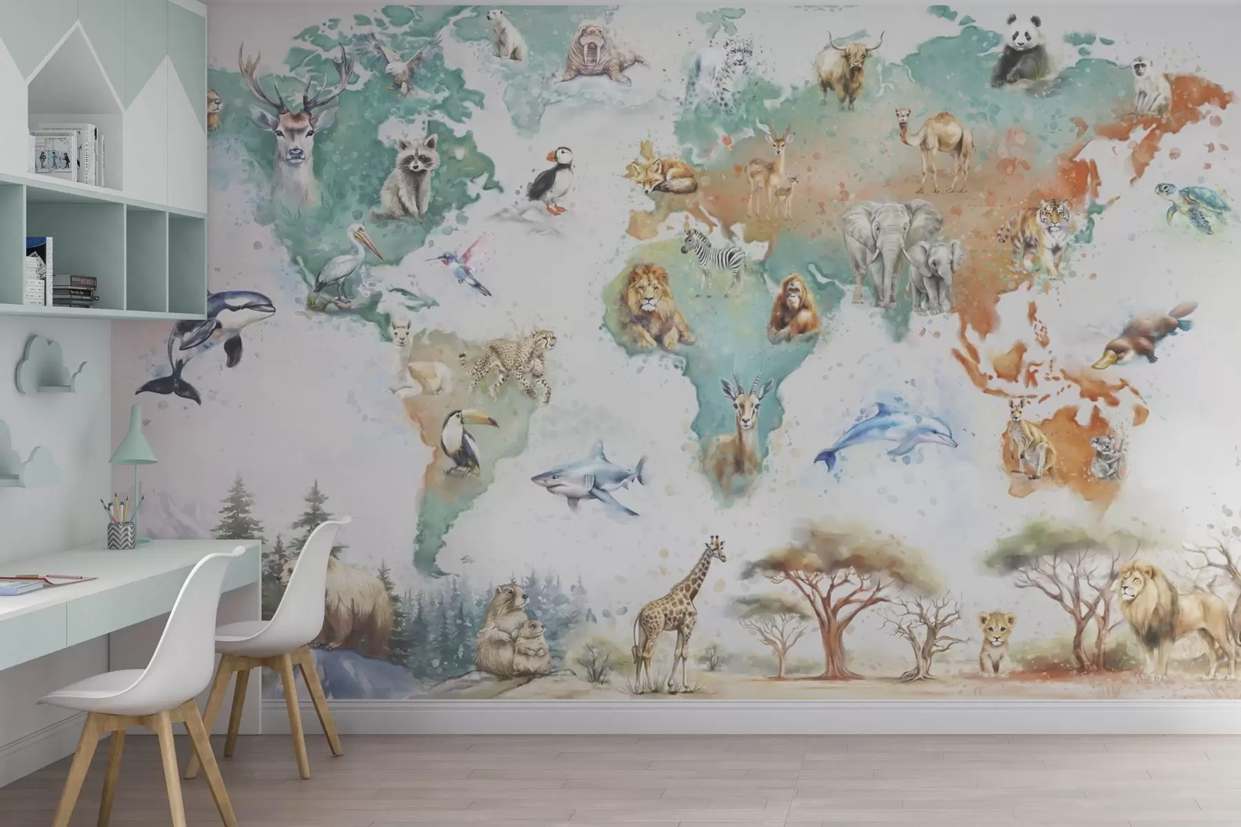 Fototapeta Mapa świata ze zwierzętami, ilustracja edukacyjna dla dzieci w04148