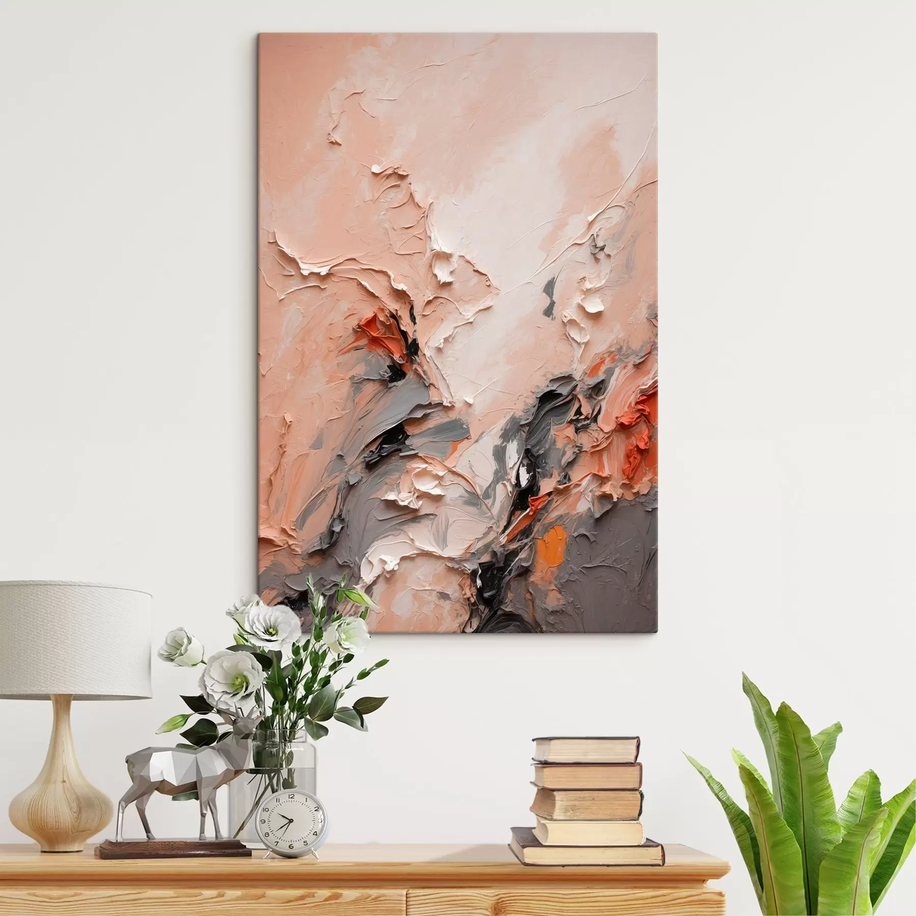 Obraz Abstrakcja w brzoskwiniowych odcieniach szarości z teksturowanymi pociągnięciami s44873