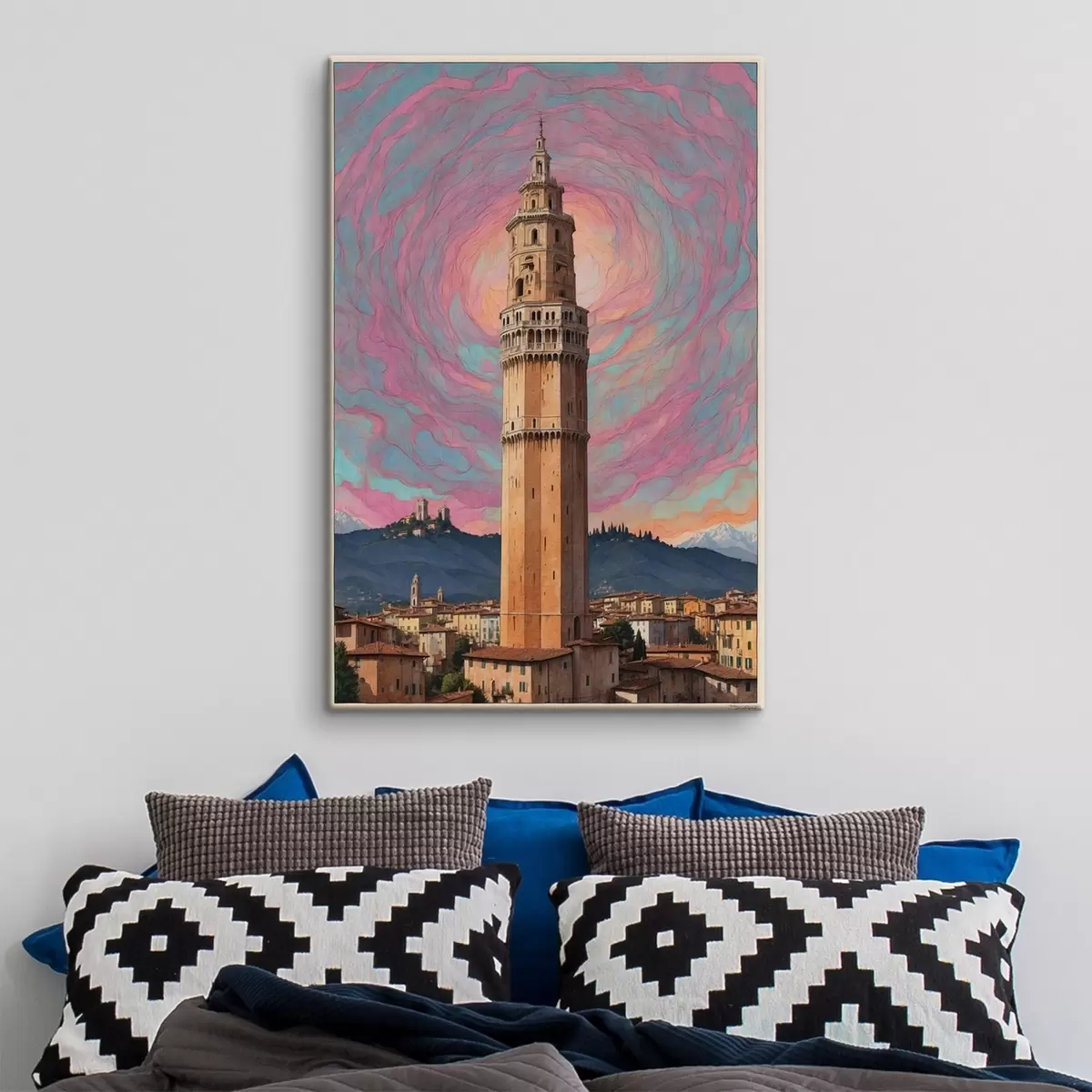Obraz Fantazyjna wieża na tle nieba z różowymi i niebieskimi spiralami s44885