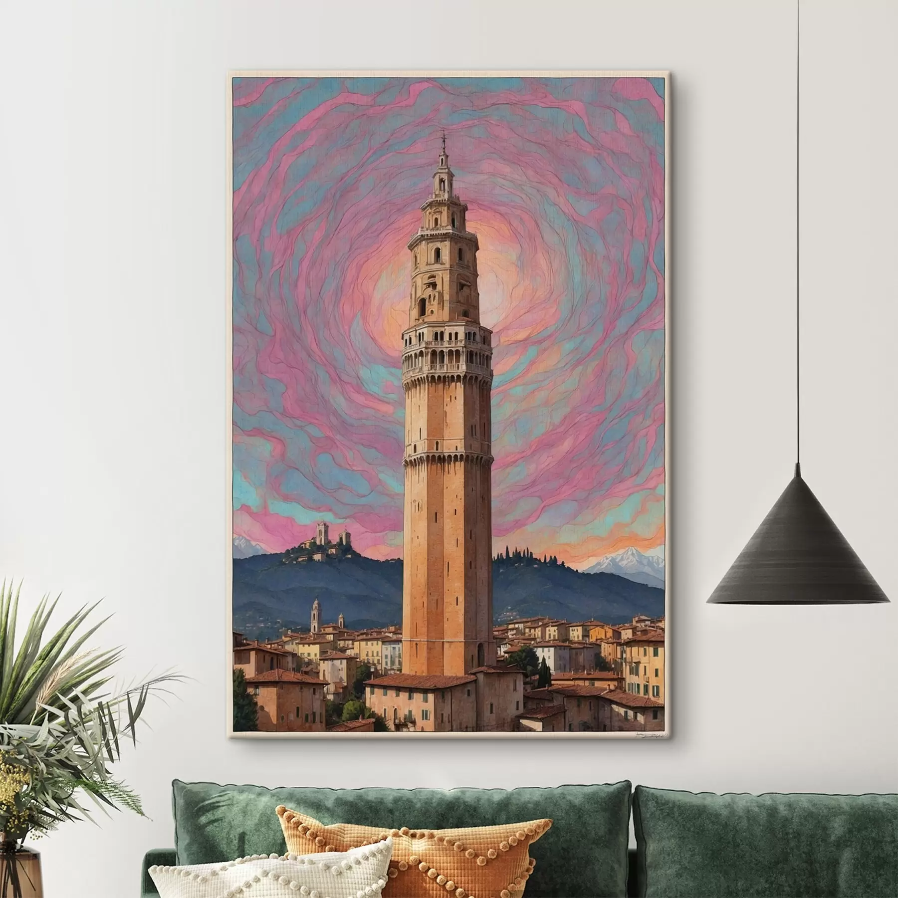 Obraz Fantazyjna wieża na tle nieba z różowymi i niebieskimi spiralami s44885