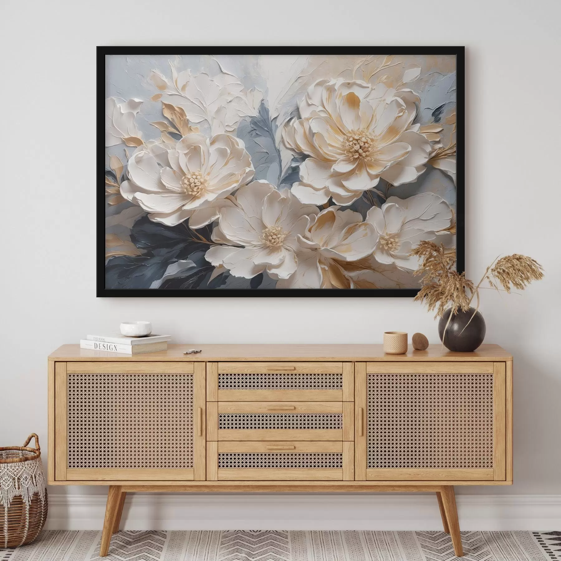 Fototapeta Kremowe piwonie wolumetryczne na jasnoniebieskim tle f44880