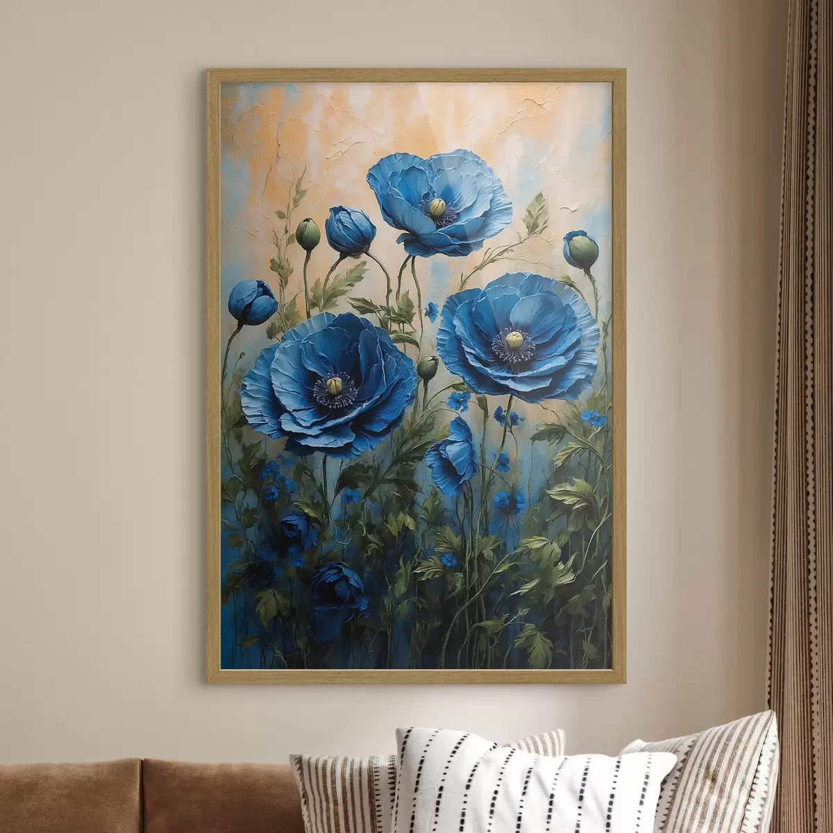 Plakat Niebieskie maki na pastelowym tle z liśćmi f44882