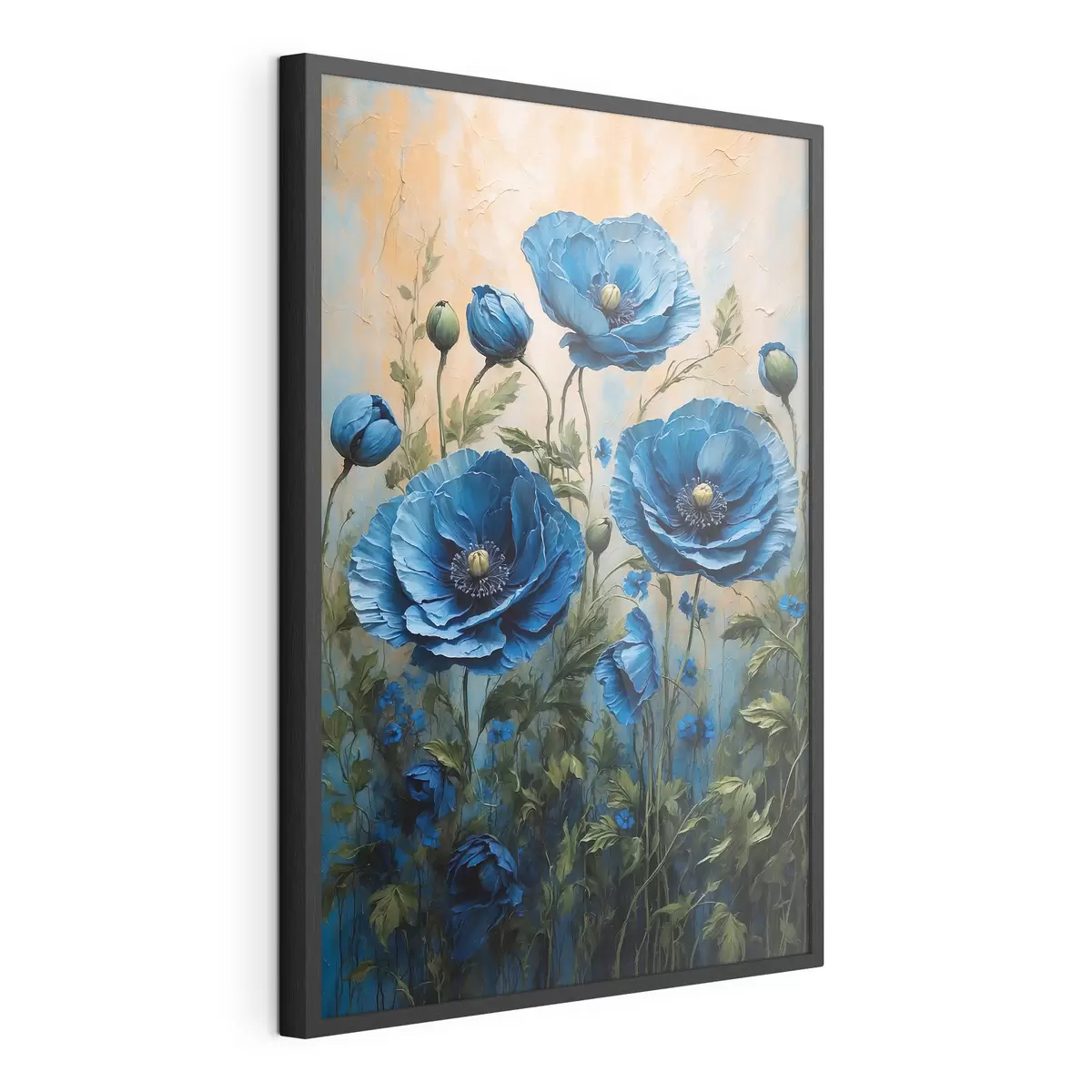 Plakat Niebieskie maki na pastelowym tle z liśćmi f44882