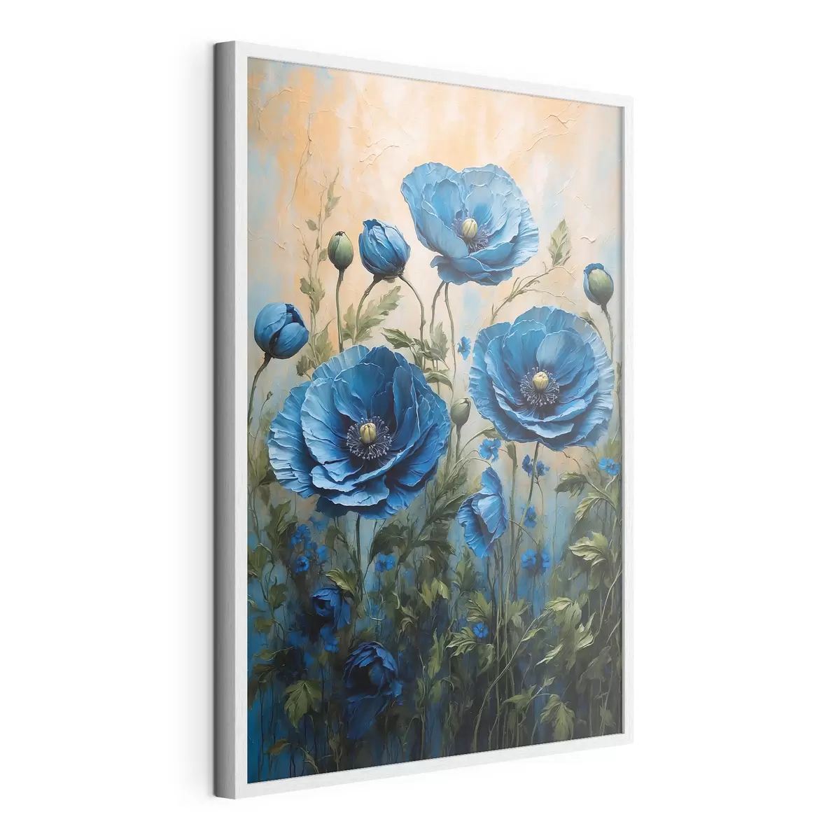 Plakat Niebieskie maki na pastelowym tle z liśćmi f44882
