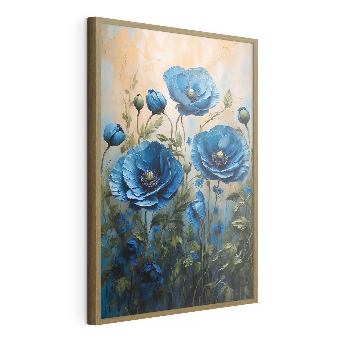 Plakat Niebieskie maki na pastelowym tle z liśćmi f44882