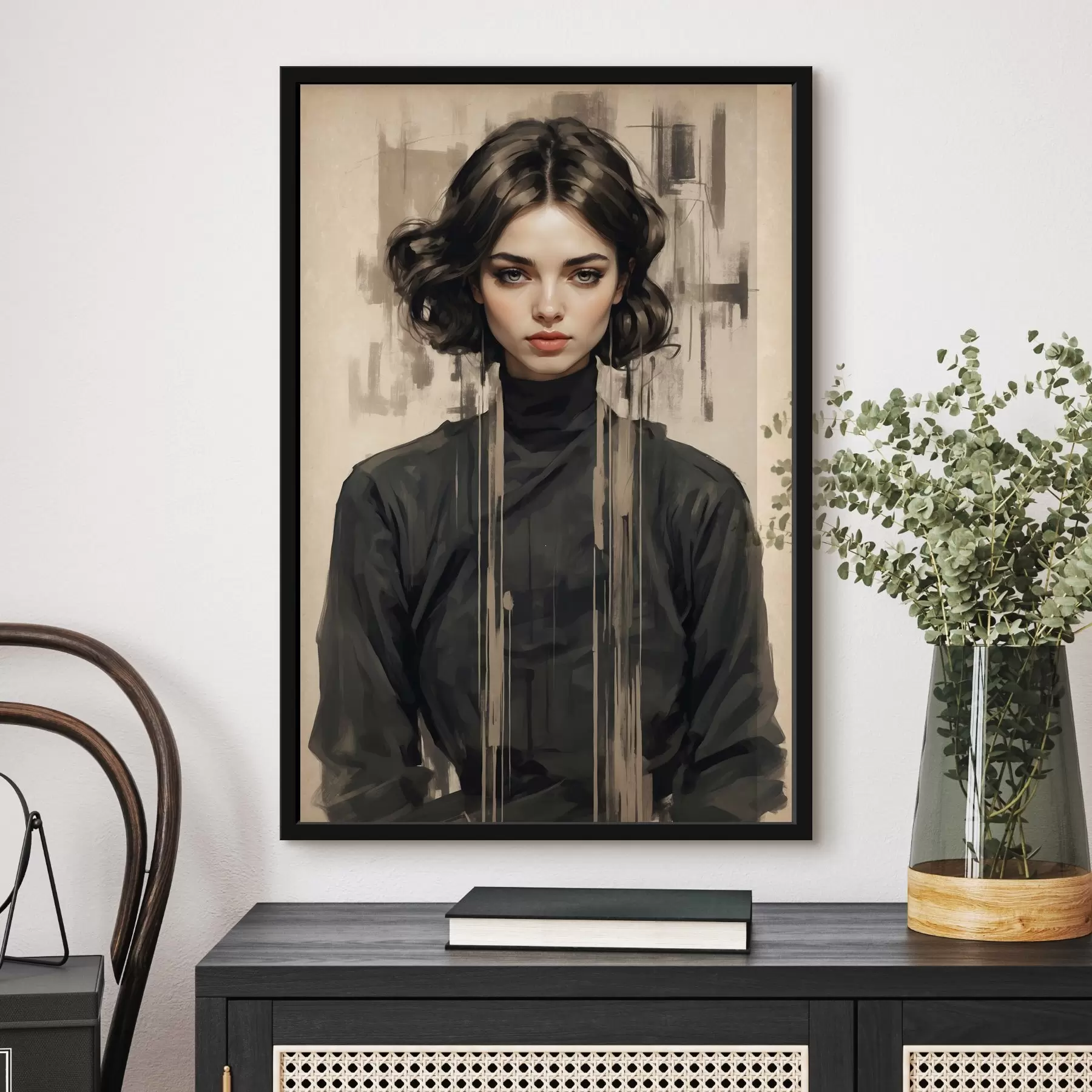 Fototapeta Portret kobiety z krótkimi ciemnymi włosami na abstrakcyjnym tle f44890