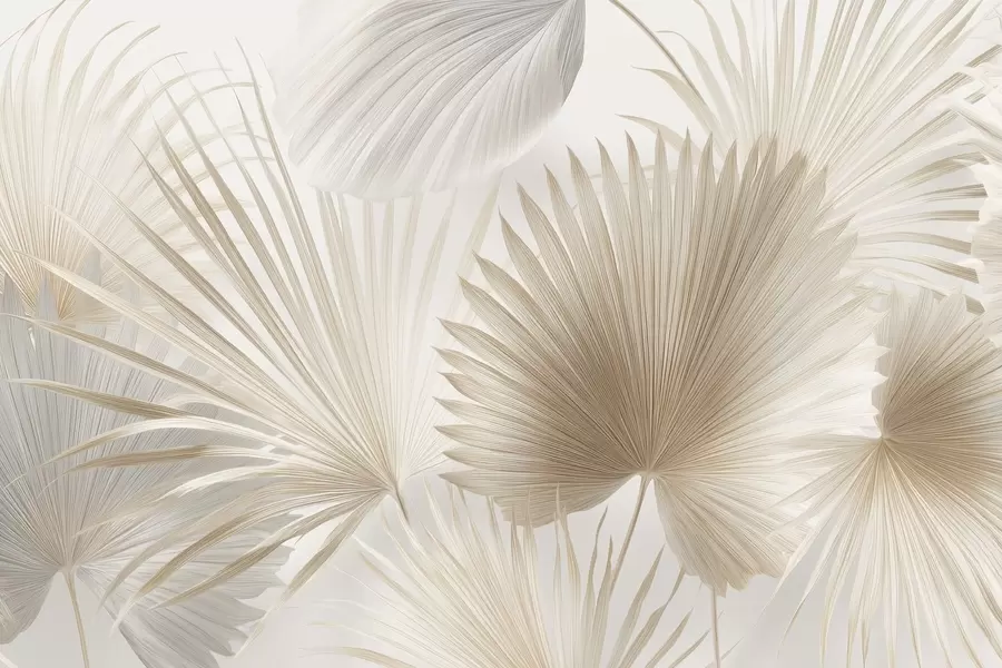 Fototapeta Miękkie wachlarze z liści tropikalnych w jasnobeżowych i niebieskawych odcieniach w09084