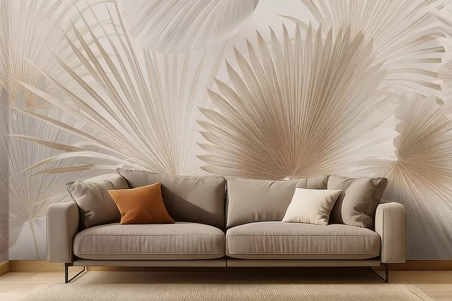 Fototapeta Miękkie wachlarze z liści tropikalnych w jasnobeżowych i niebieskawych odcieniach w09084