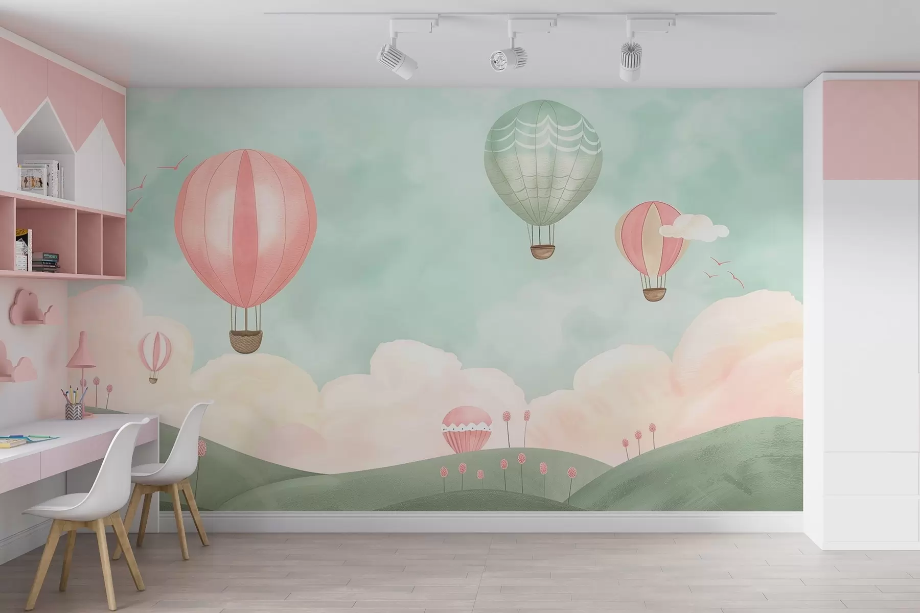 Fototapeta Balony na ogrzane powietrze nad wzgórzami z chmurami w09228