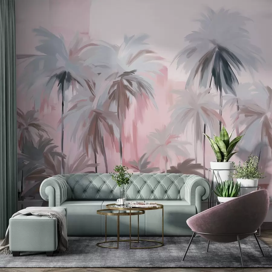 Fototapeta Abstrakcyjne minimalistyczne pastelowe palmy tropikalne na tle stonowanych odcieni różu i szarości w09212v1